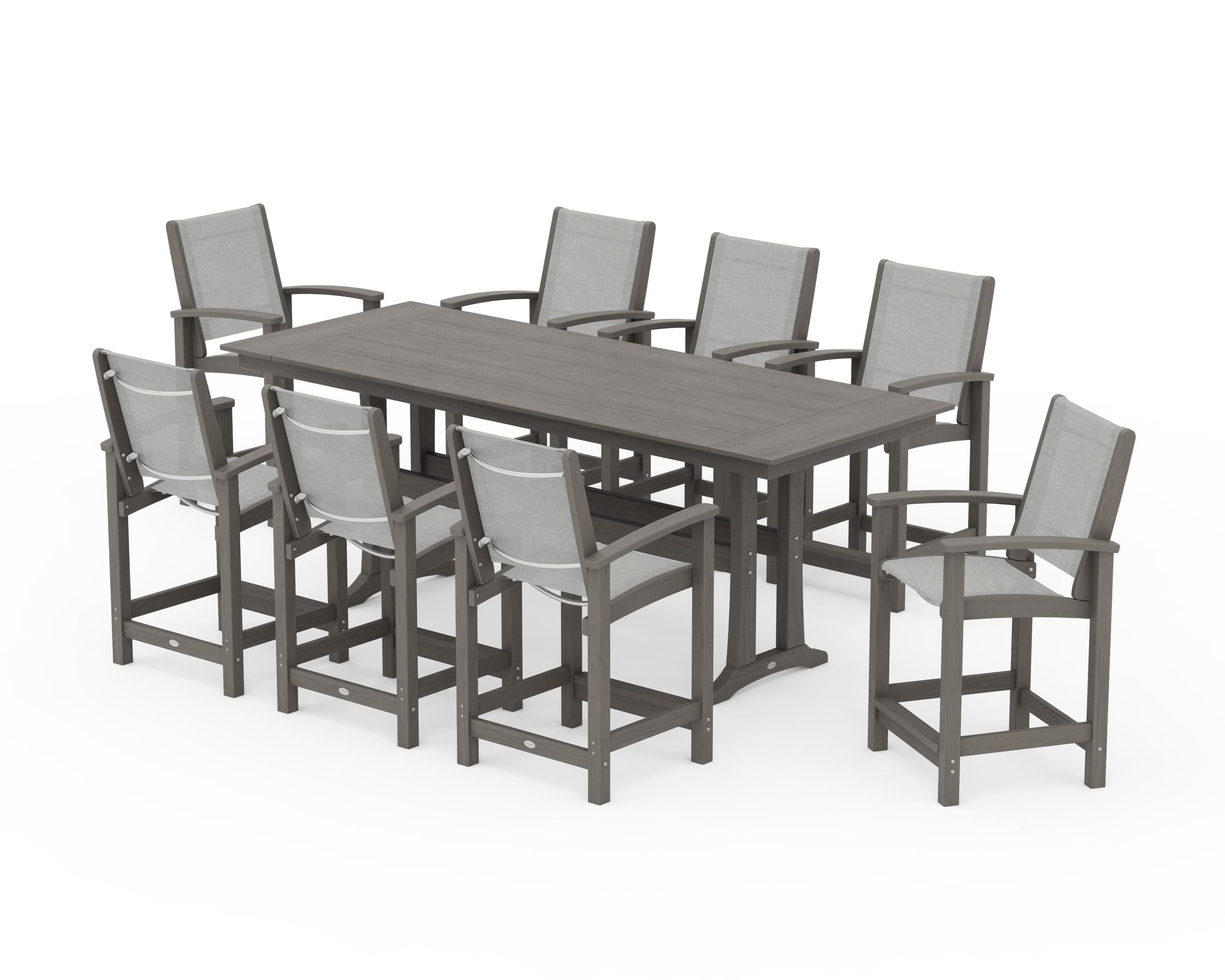POLYWOOD Coastal 9-Piece Farmhouse Counter Set with Trestle Legs in Driftwood / Metallic Sling