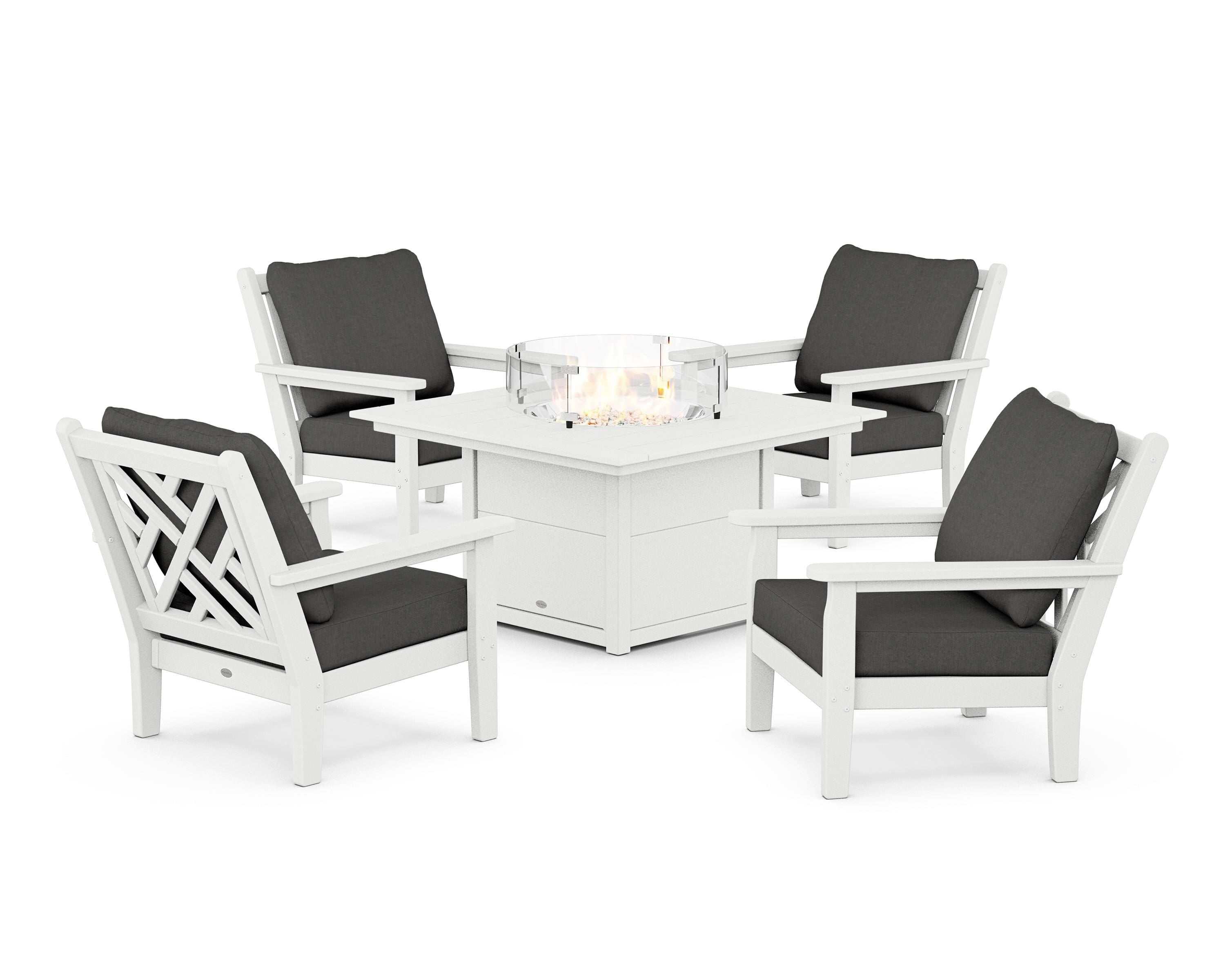 POLYWOOD Chippendale 5-Piece Deep Seating Set with Fire Pit Table in White / Spectrum Carbon
