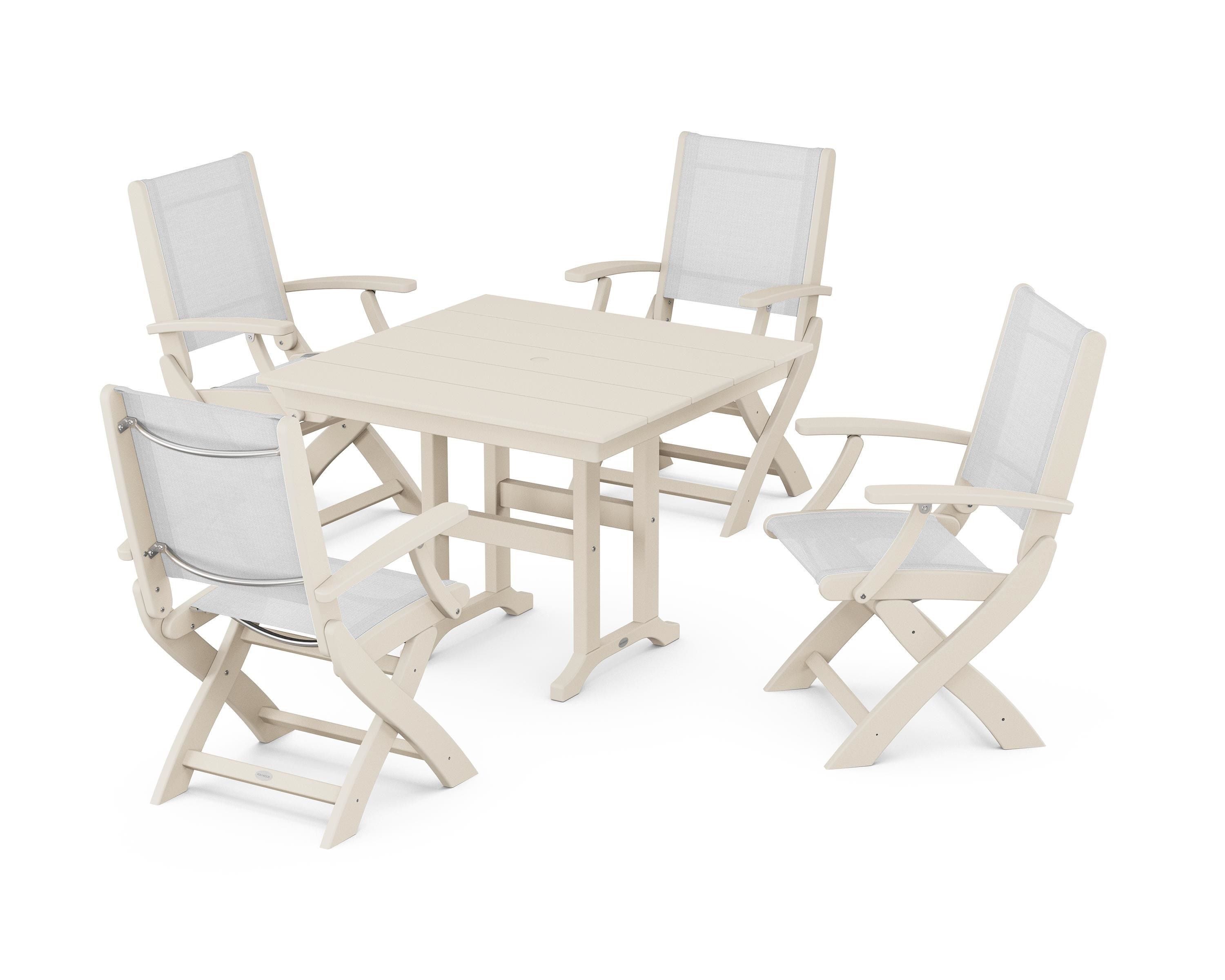 POLYWOOD Coastal Folding Chair 5-Piece Farmhouse Dining Set in Sand / White Sling