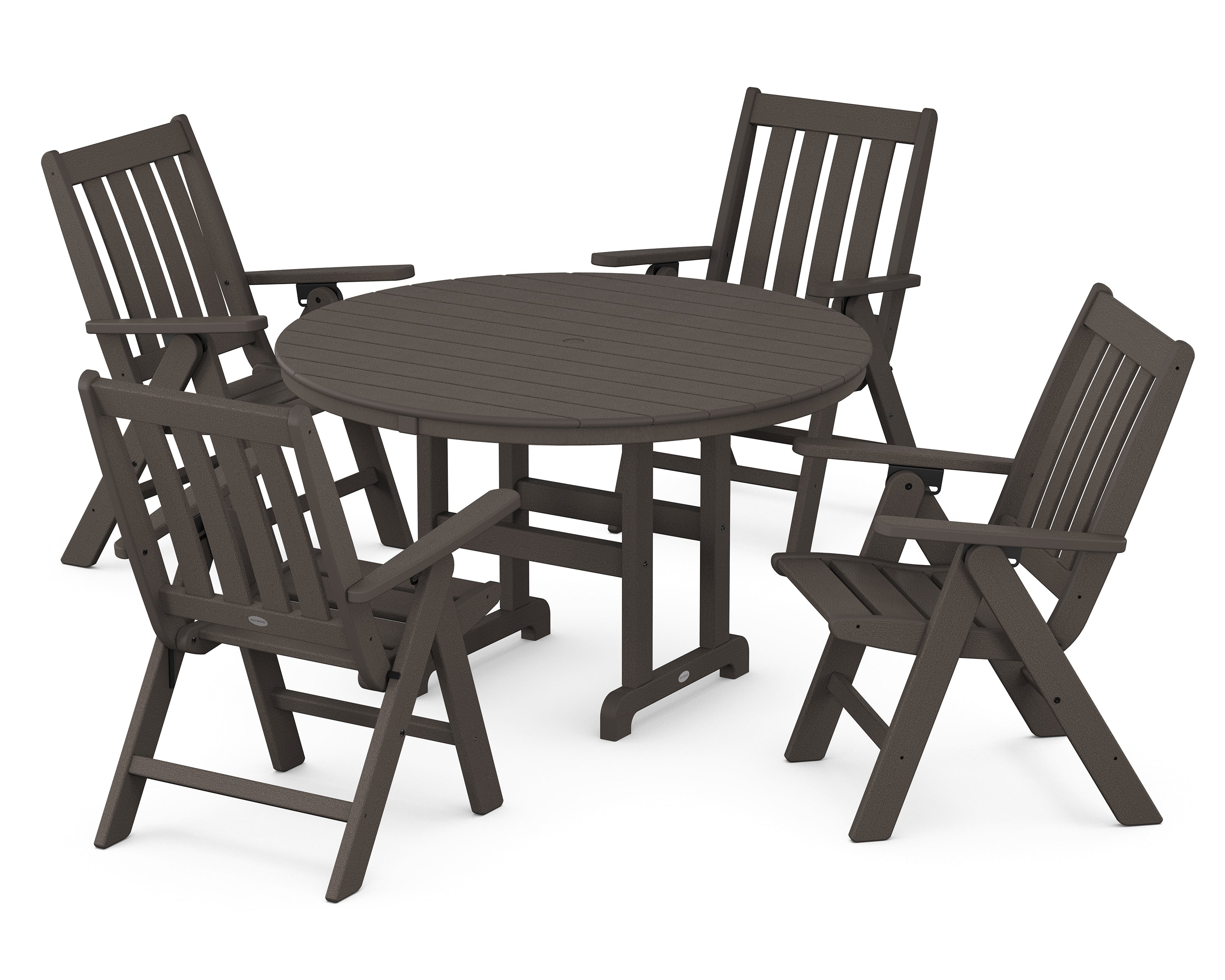 POLYWOOD® Vineyard Folding Chair 5-Piece Round Farmhouse Dining Set in Vintage Coffee