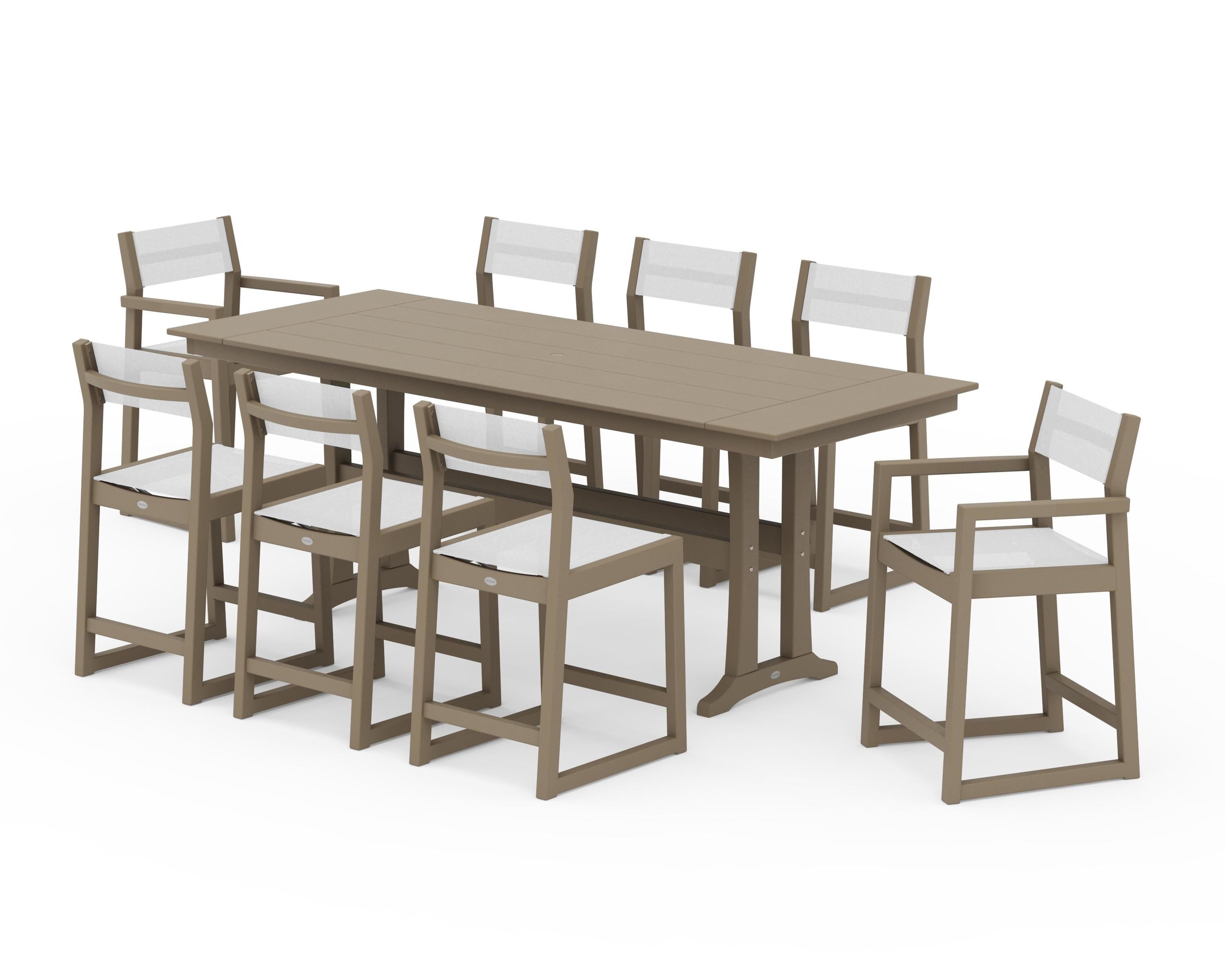 POLYWOOD EDGE Sling 9-Piece Farmhouse Counter Set with Trestle Legs in Vintage Sahara / White Sling