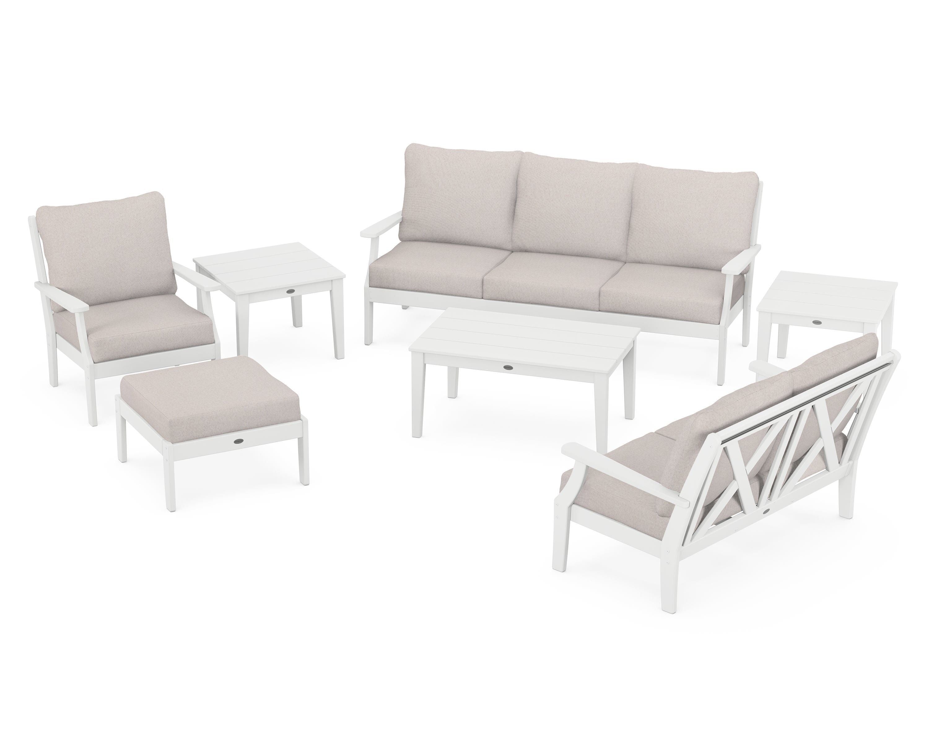 POLYWOOD Braxton 7-Piece Deep Seating Set in White / Dune Burlap