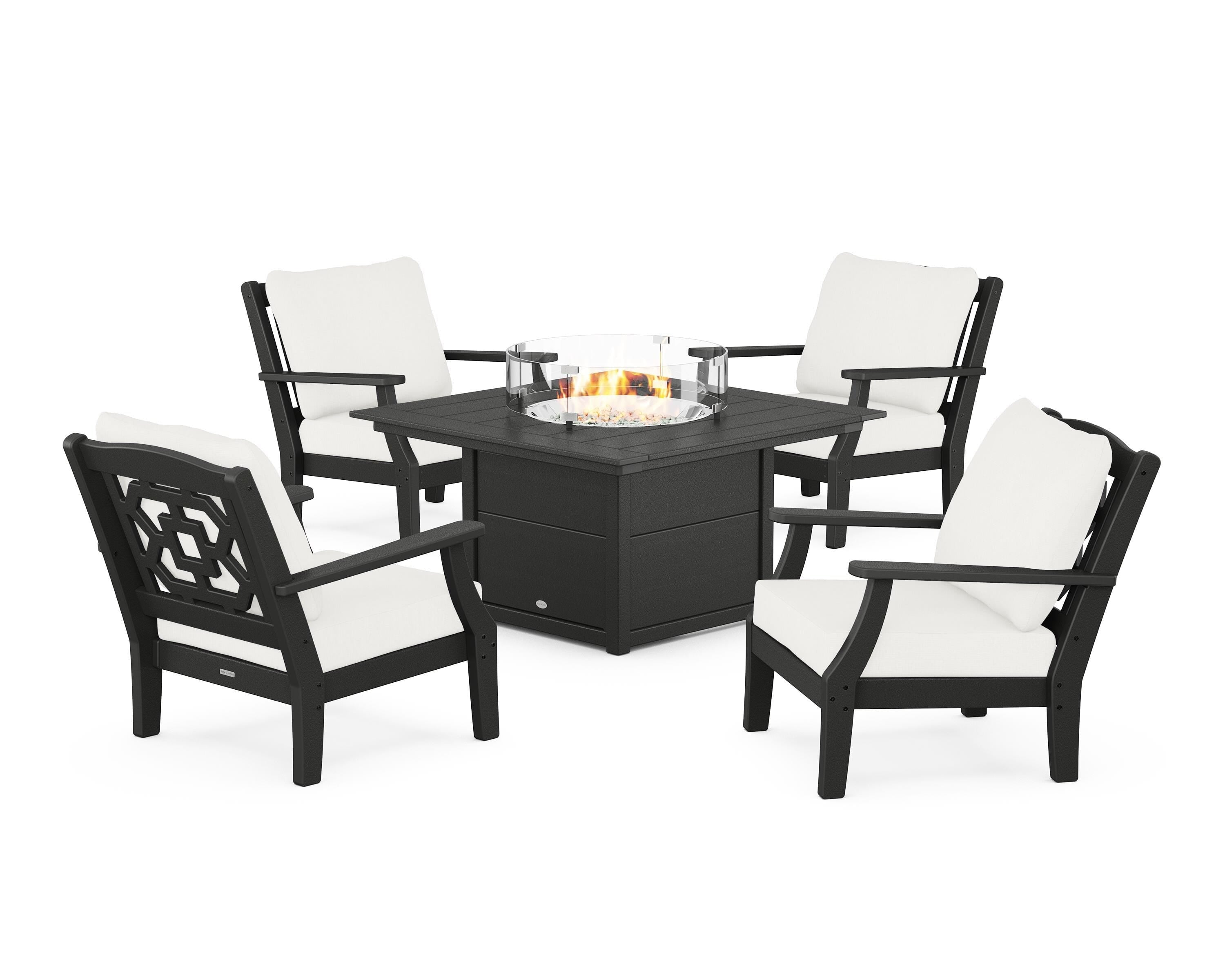 Martha Stewart by POLYWOOD Chinoiserie 5-Piece Deep Seating Set with Fire Pit Table in Black / Natural Linen