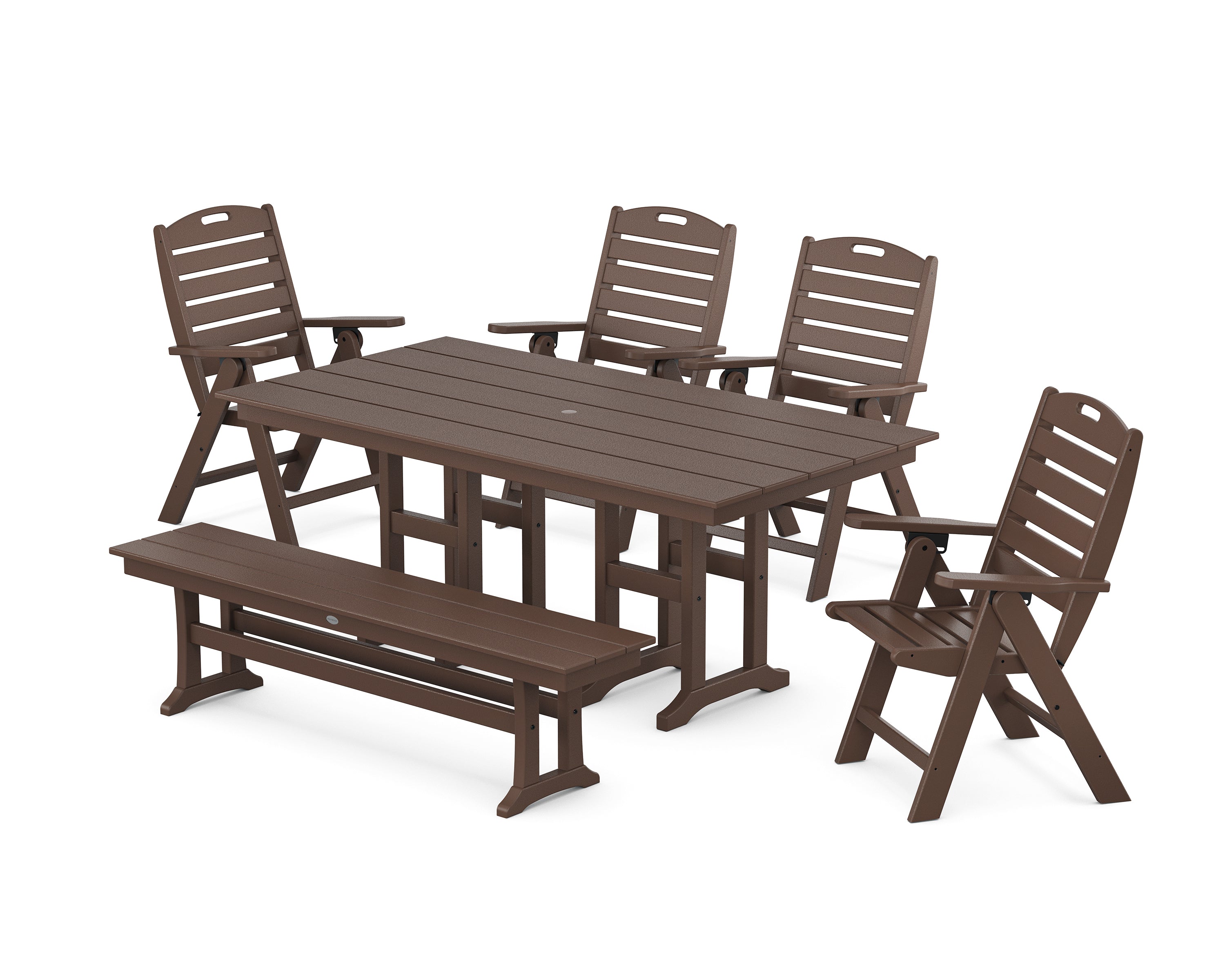POLYWOOD Nautical Highback 6-Piece Farmhouse Dining Set with Bench in Mahogany