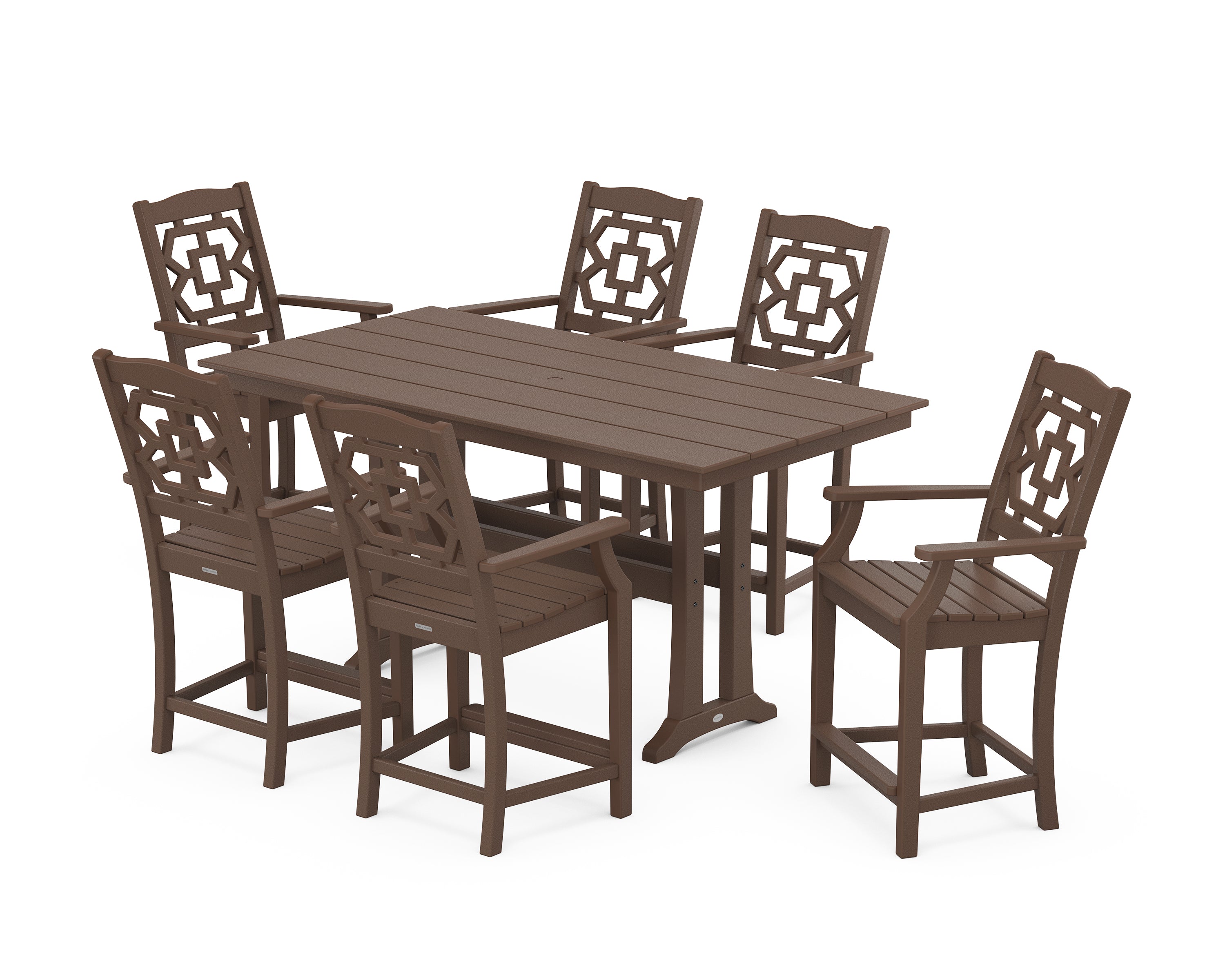 Martha Stewart by POLYWOOD® Chinoiserie Arm Chair 7-Piece Farmhouse Counter Set with Trestle Legs in Mahogany