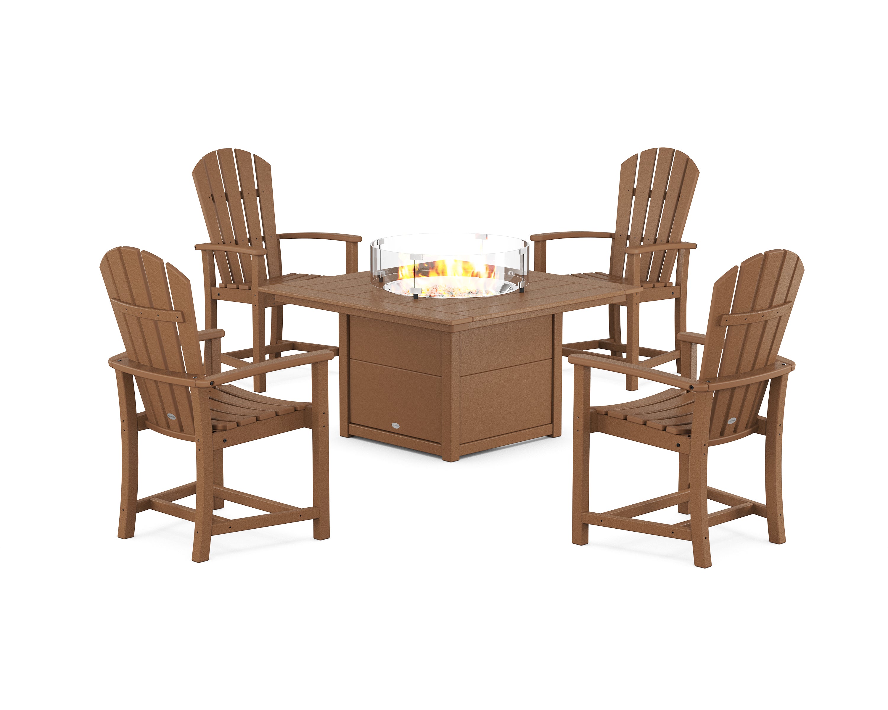 POLYWOOD Palm Coast 4-Piece Upright Adirondack Conversation Set with Fire Pit Table in Teak