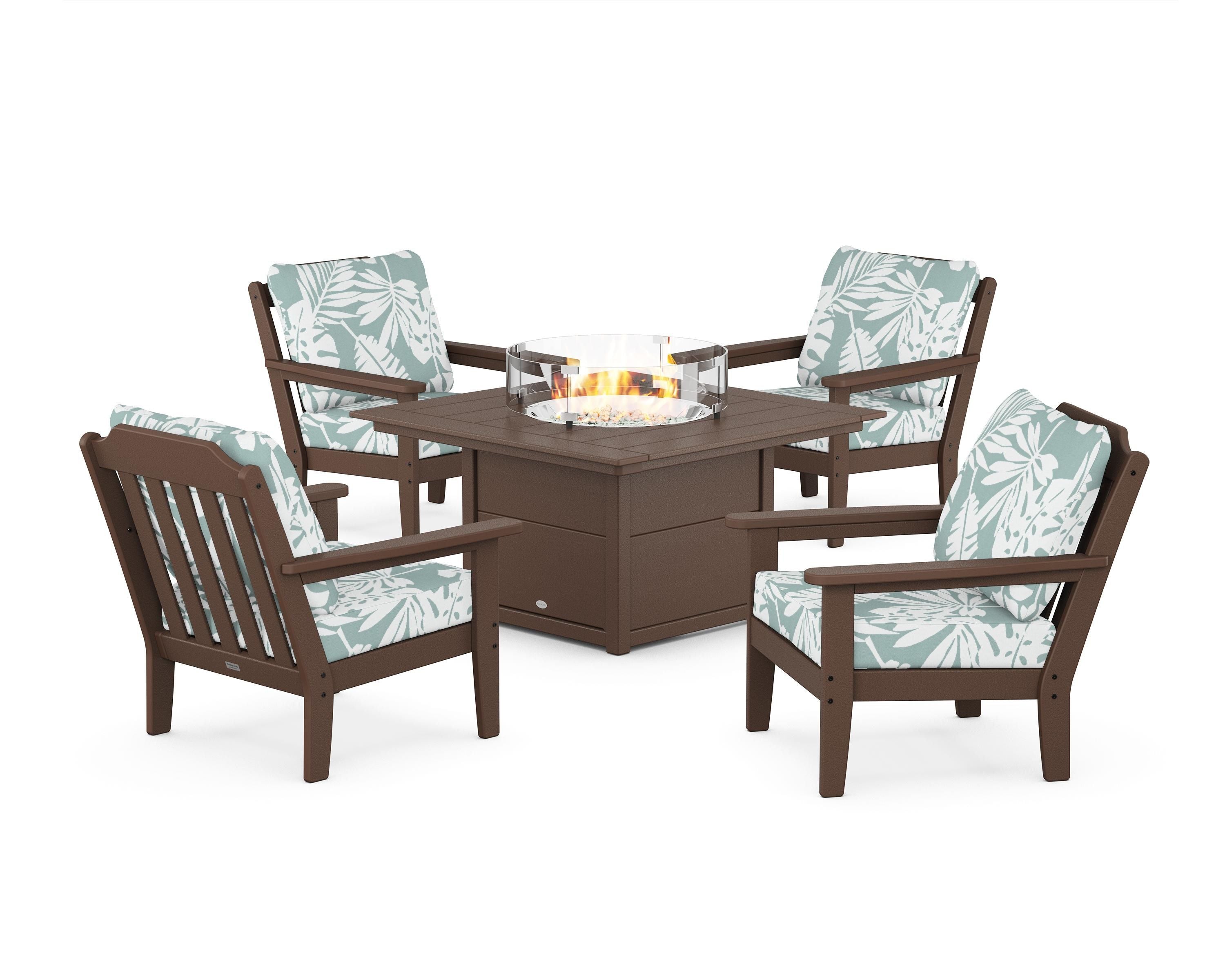 Country Living Cottage 5-Piece Deep Seating Set with Fire Pit Table in Mahogany / Leaf Glacier Spa