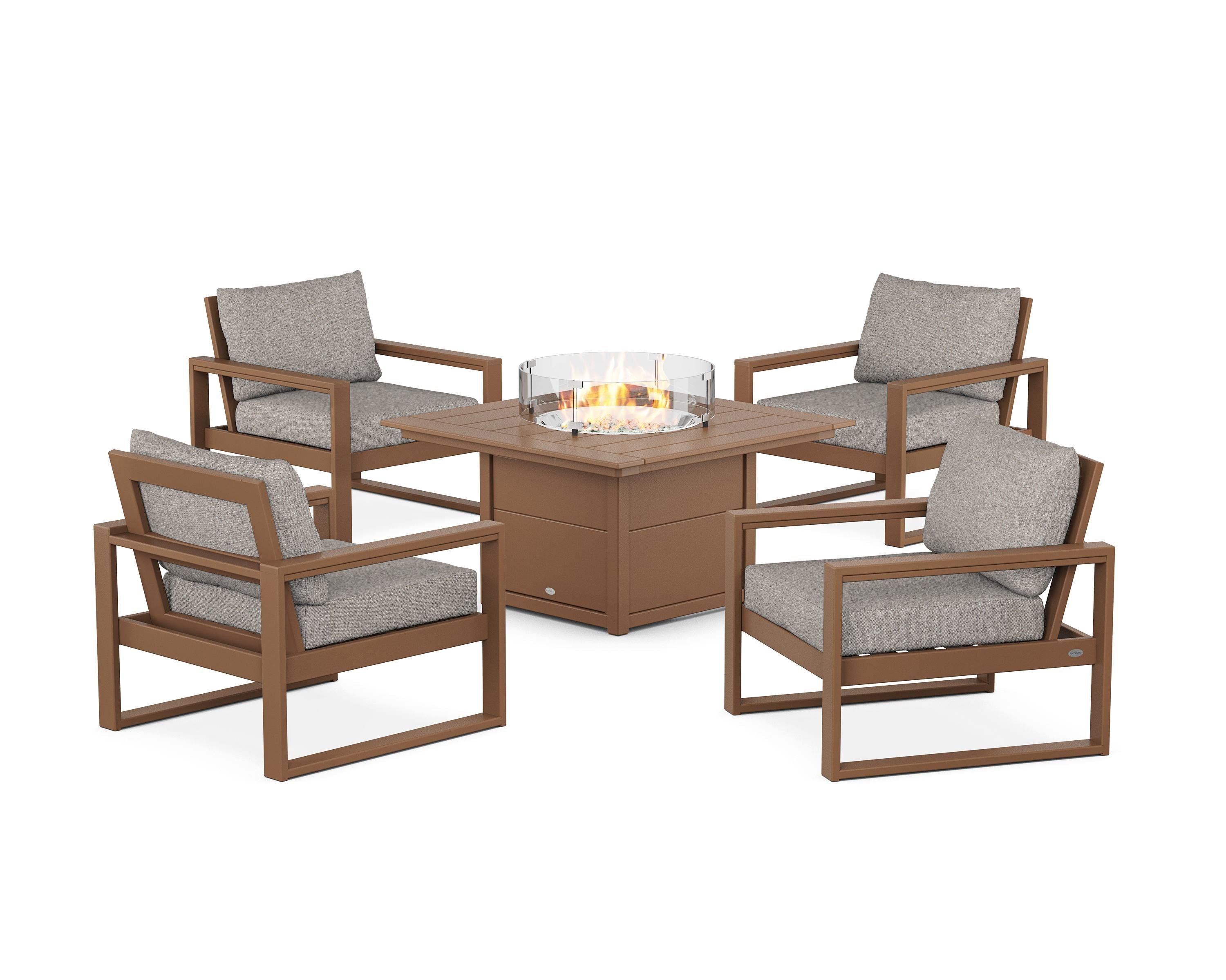 POLYWOOD EDGE Sectional 5-Piece Deep Seating Set with Fire Pit Table in Teak / Weathered Tweed