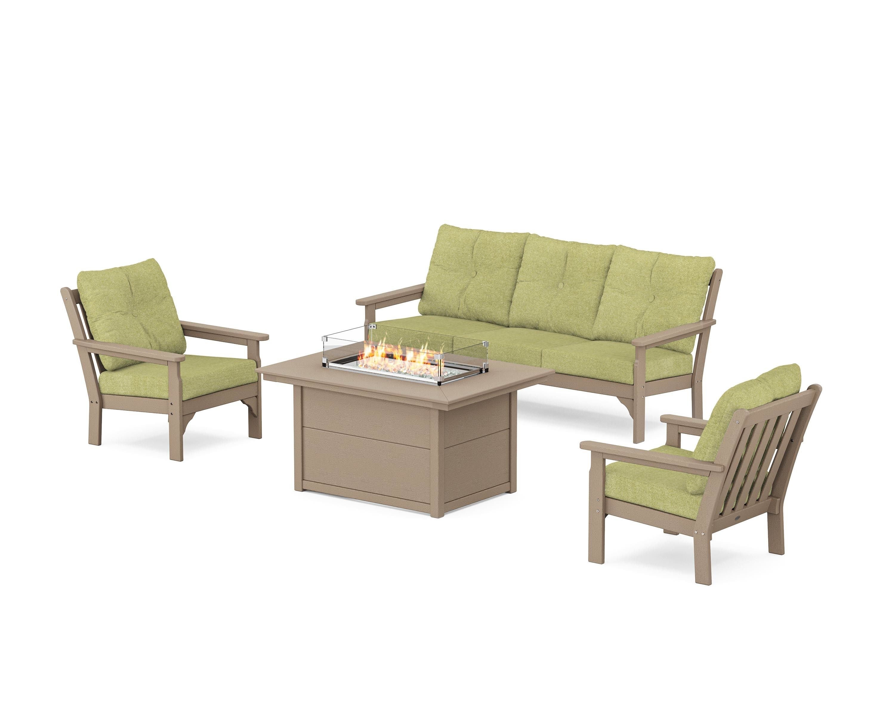 POLYWOOD Vineyard Deep Seating Fire Pit Table Set in Vintage Sahara / Chartreuse Boucle