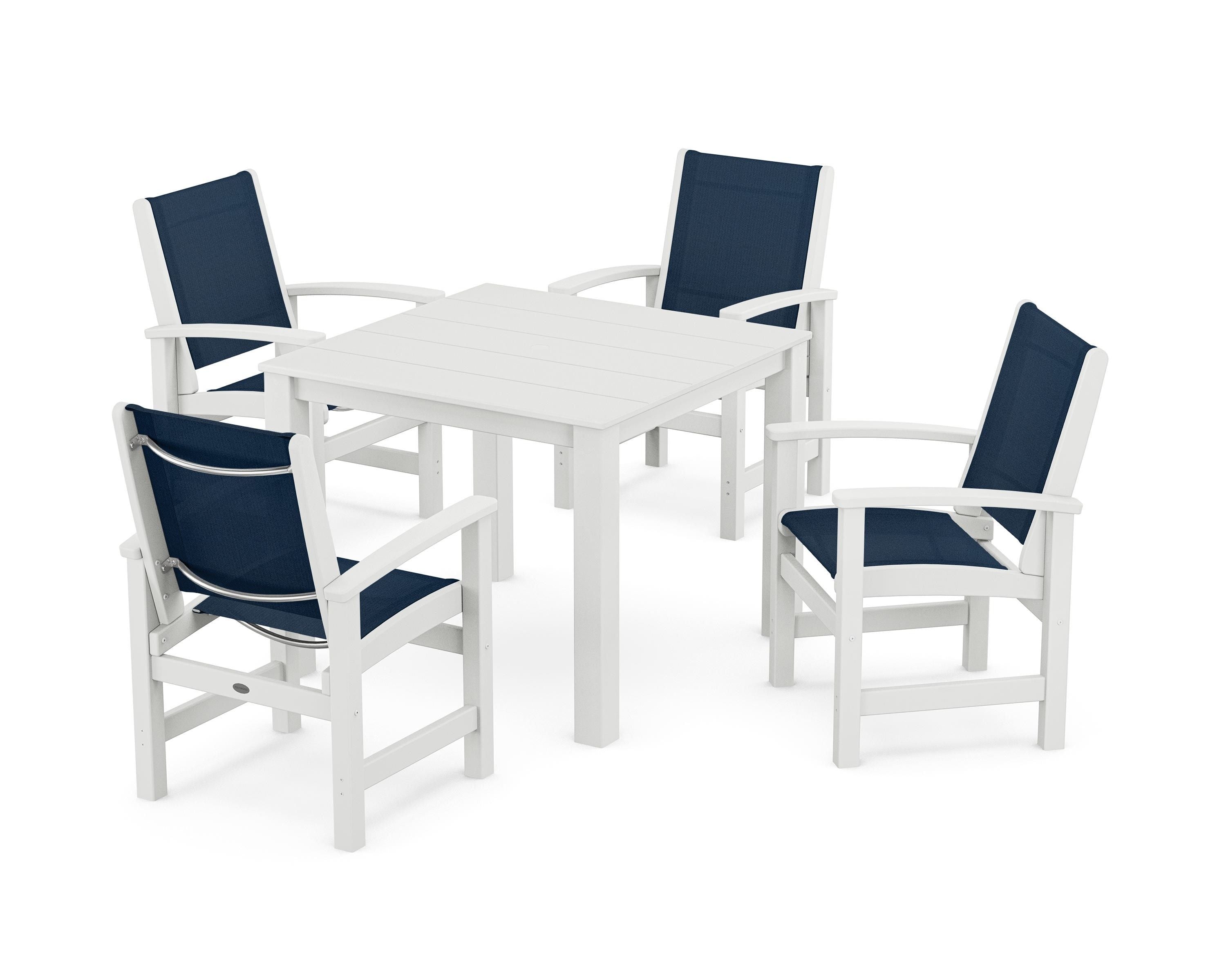 POLYWOOD Coastal 5-Piece Parsons Dining Set in White / Navy Blue Sling