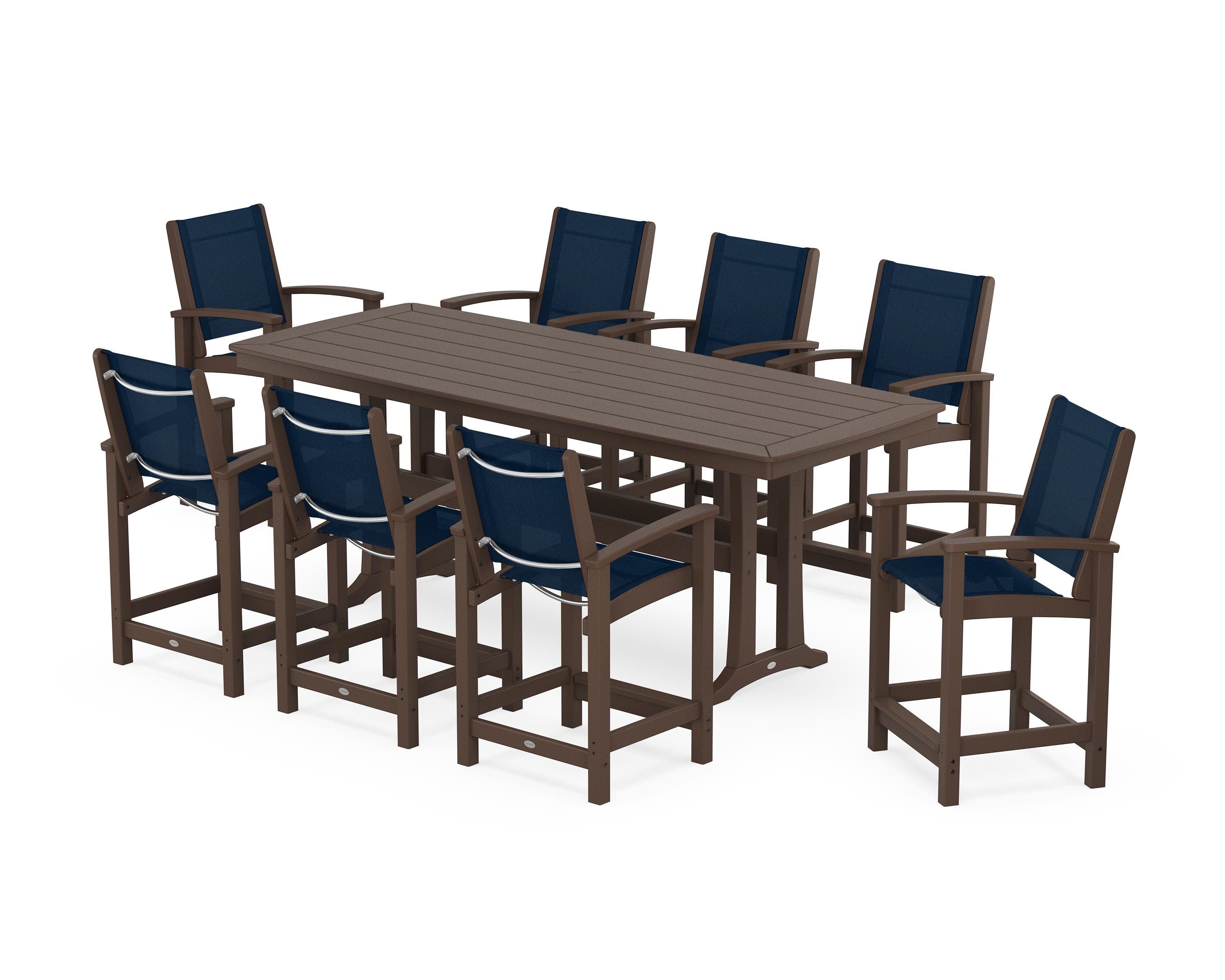 POLYWOOD Coastal 9-Piece Counter Set with Trestle Legs in Mahogany / Navy Blue Sling