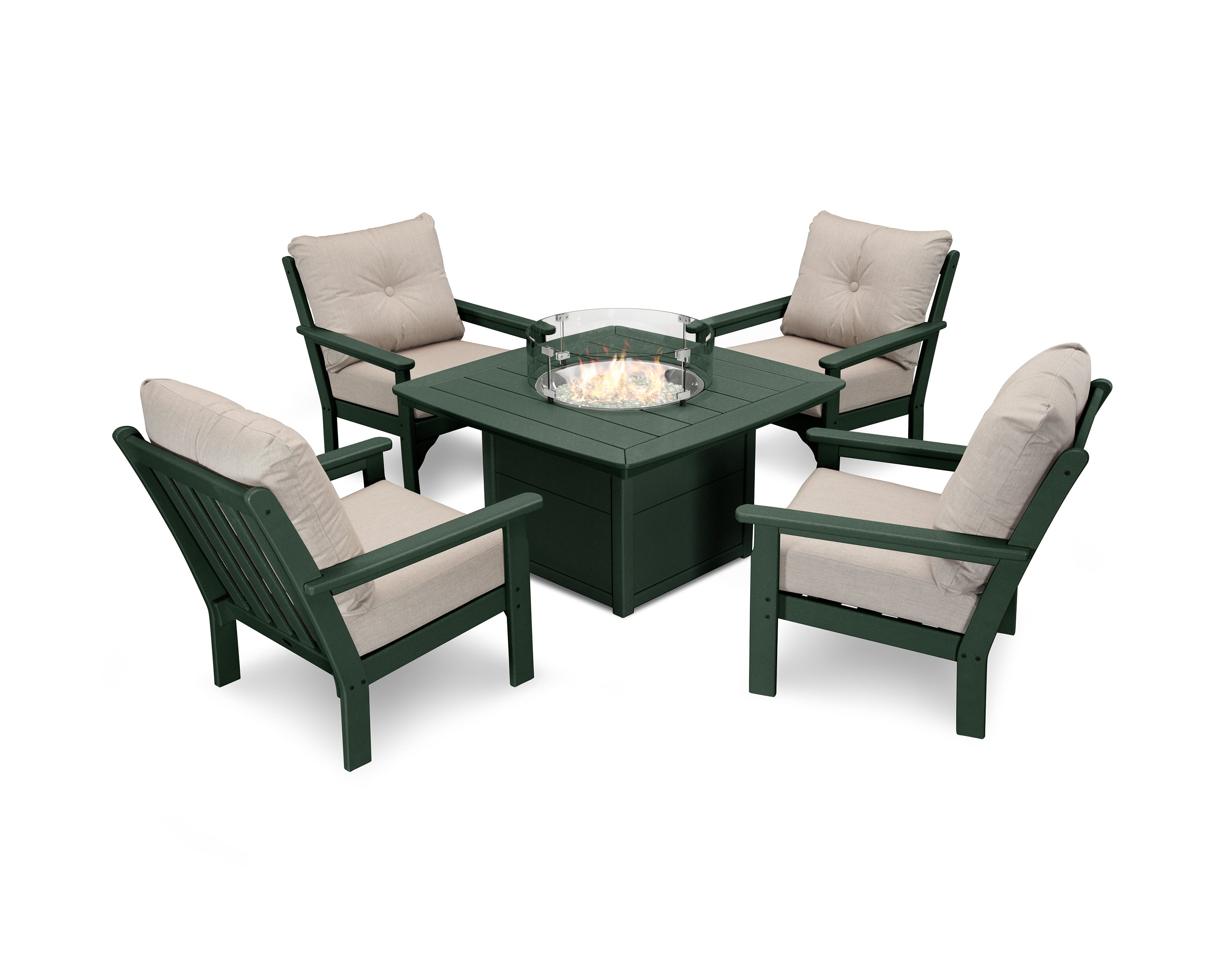 POLYWOOD Vineyard 5-Piece Conversation Set with Fire Pit Table in Green / Cast Ash