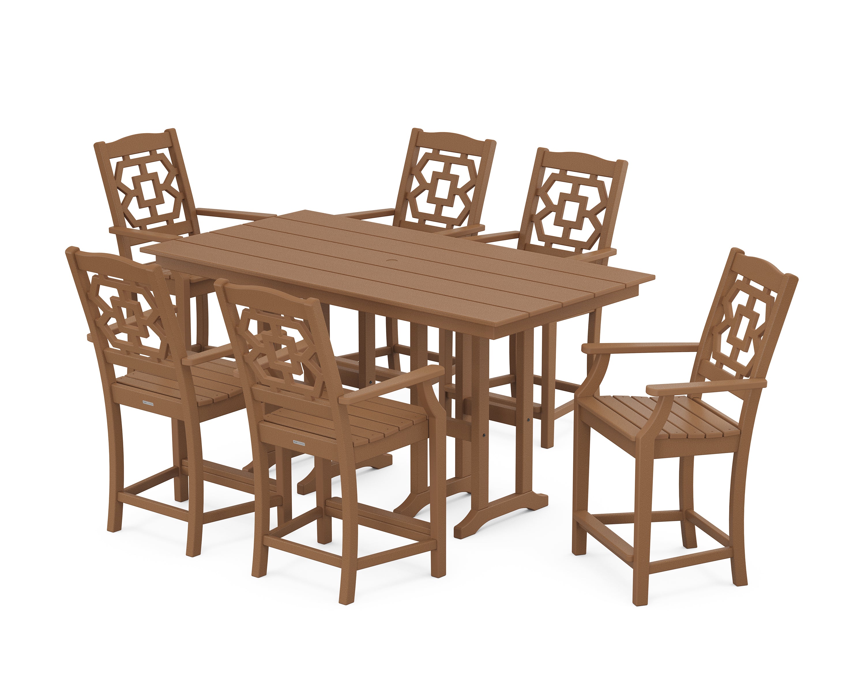 Martha Stewart by POLYWOOD Chinoiserie Arm Chair 7-Piece Farmhouse Counter Set in Teak