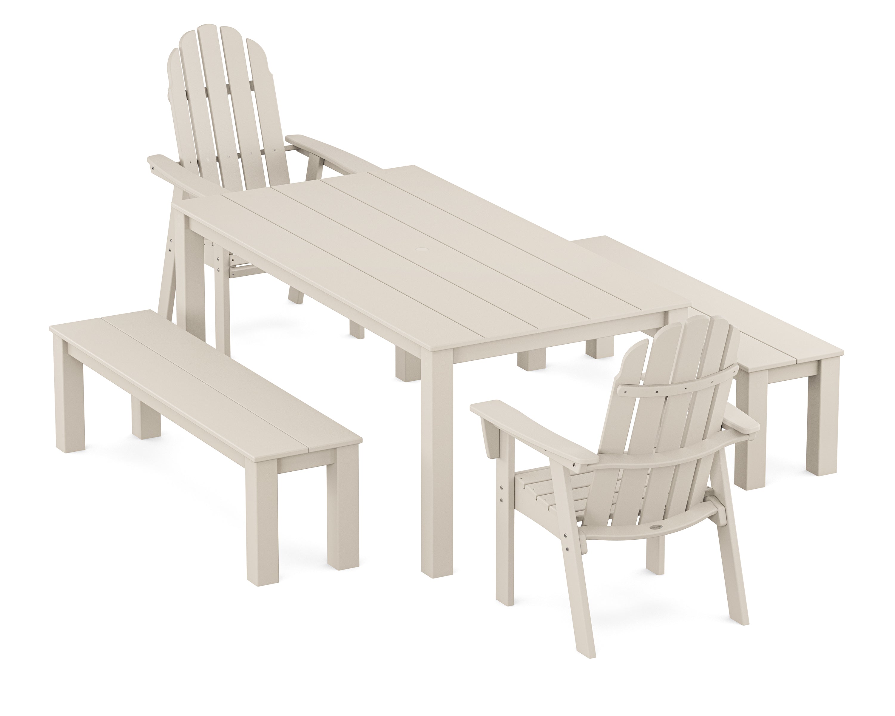 POLYWOOD® Vineyard Curveback Adirondack 5-Piece Parsons Dining Set with Benches in Sand