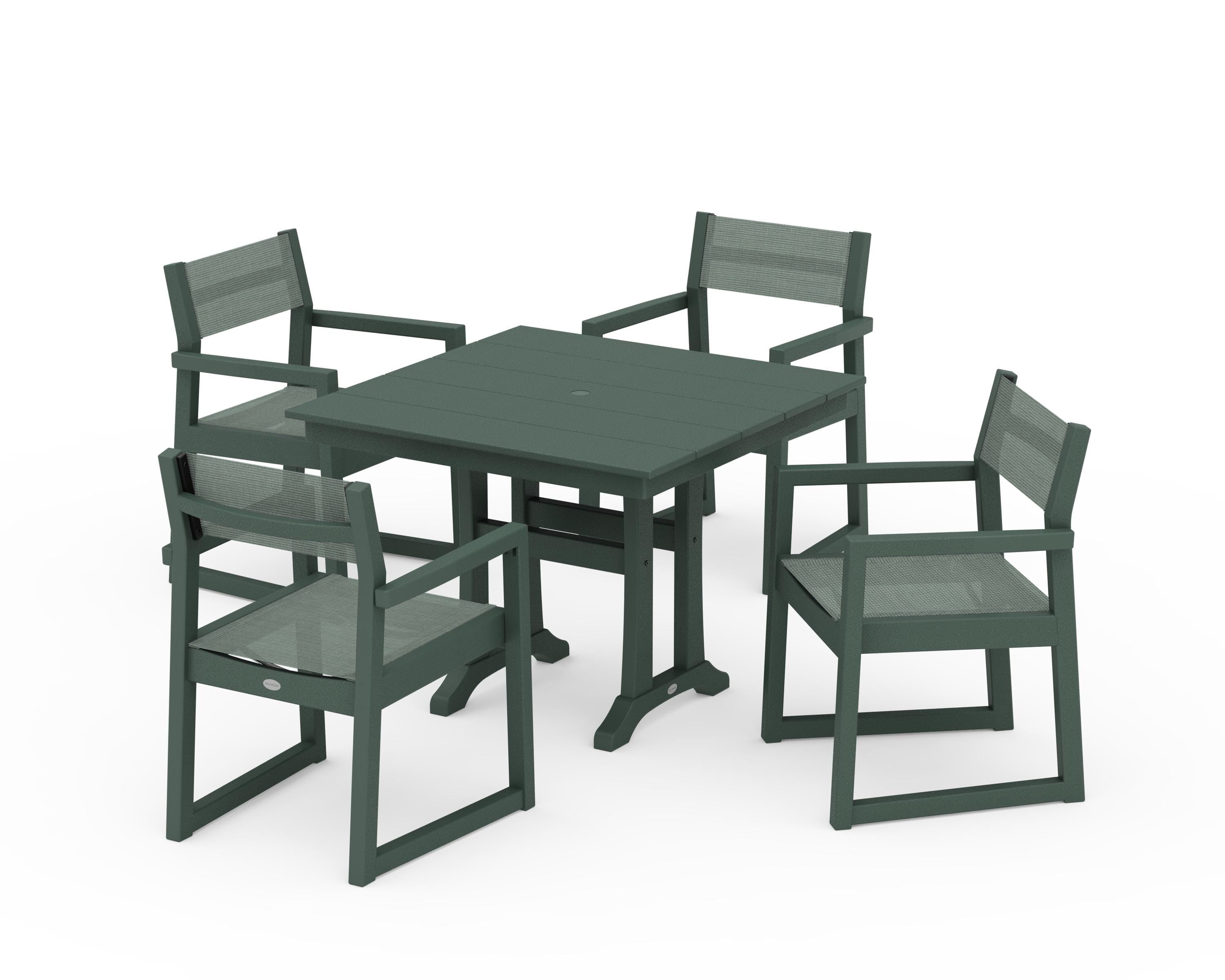 POLYWOOD EDGE Sling 5-Piece Farmhouse Dining Set with Trestle Legs in Green / Dupioni Sea Mist Sling