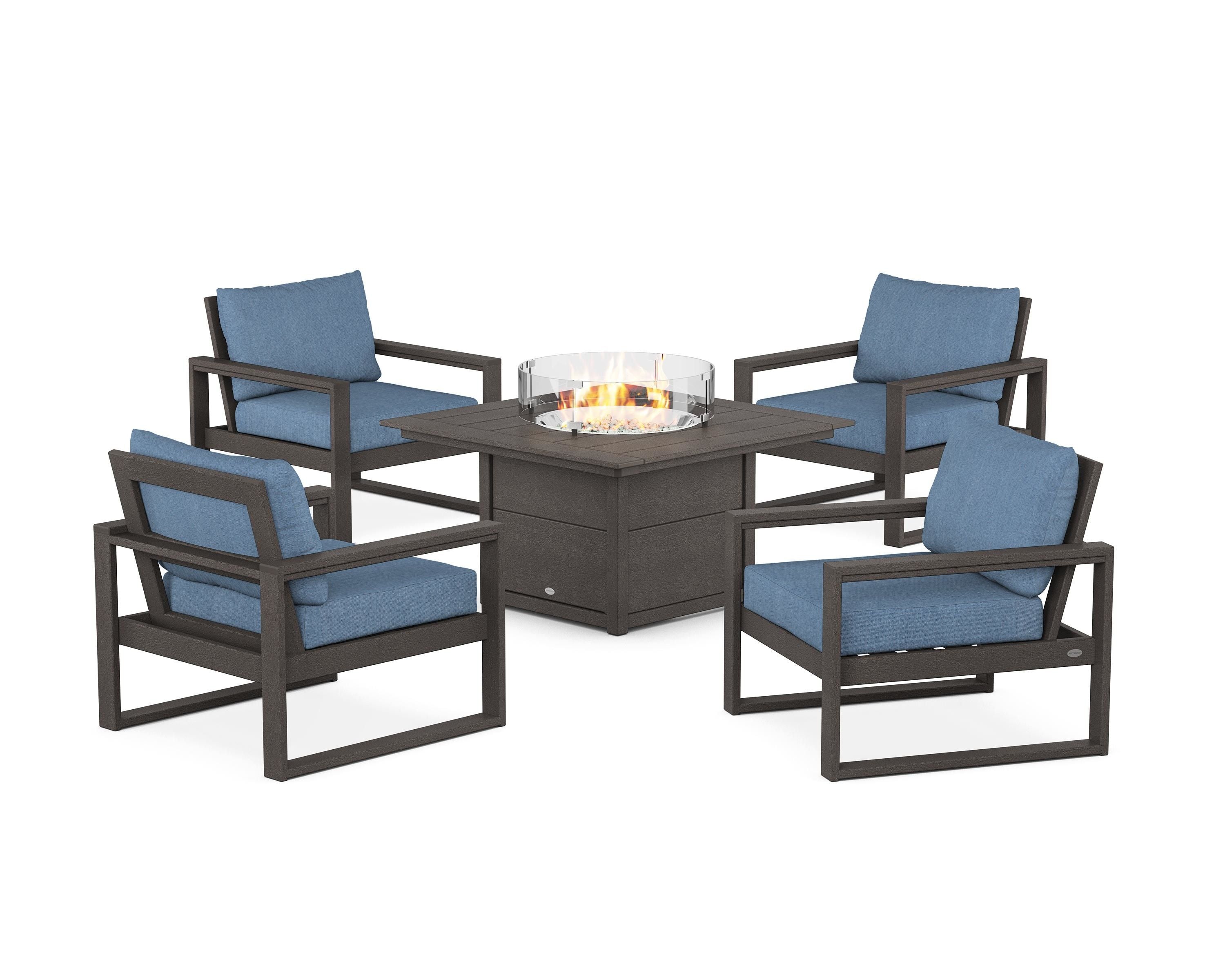 POLYWOOD EDGE Sectional 5-Piece Deep Seating Set with Fire Pit Table in Vintage Coffee / Sky Blue