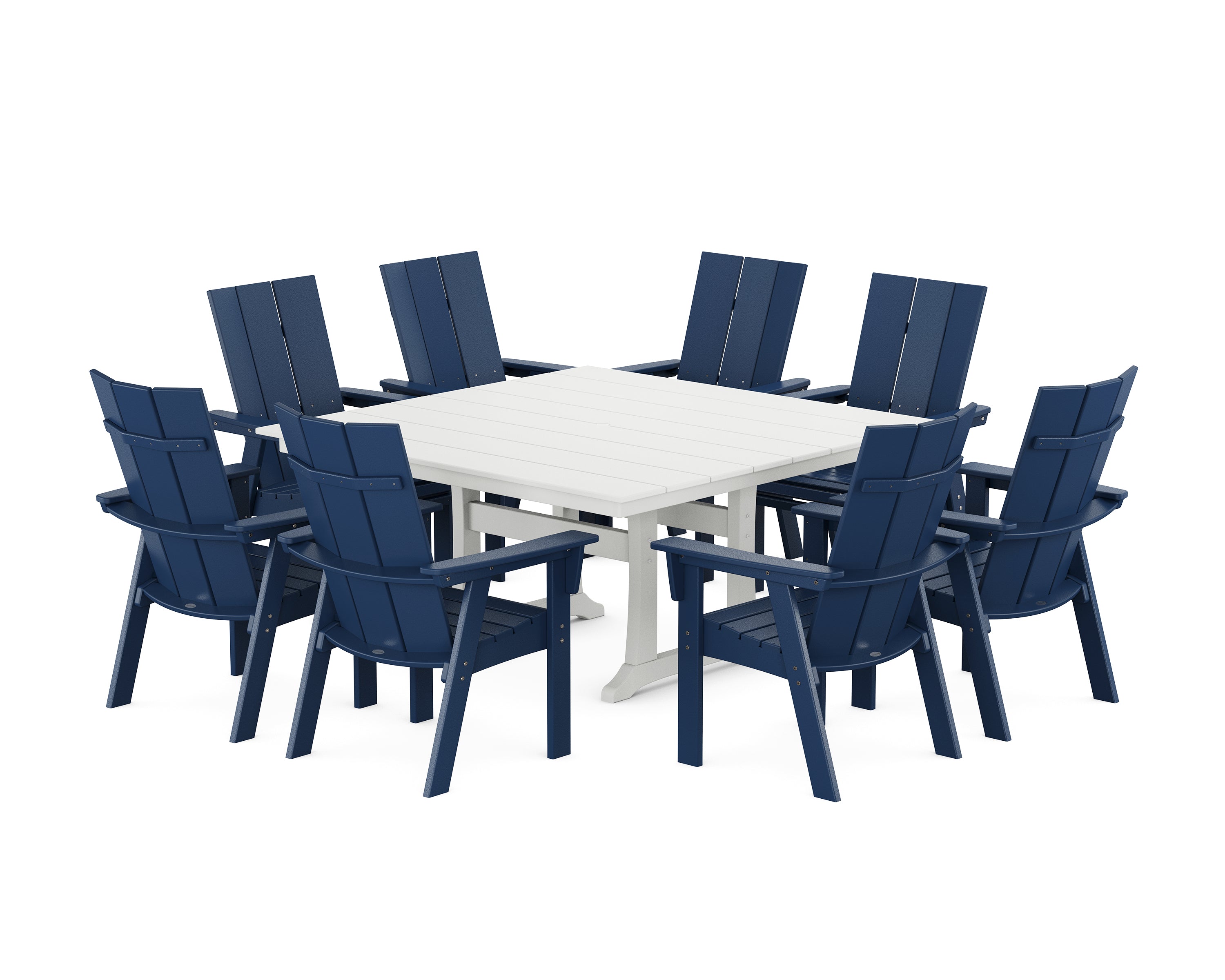 POLYWOOD® Modern Curveback Adirondack 9-Piece Farmhouse Trestle Dining Set in Navy / White