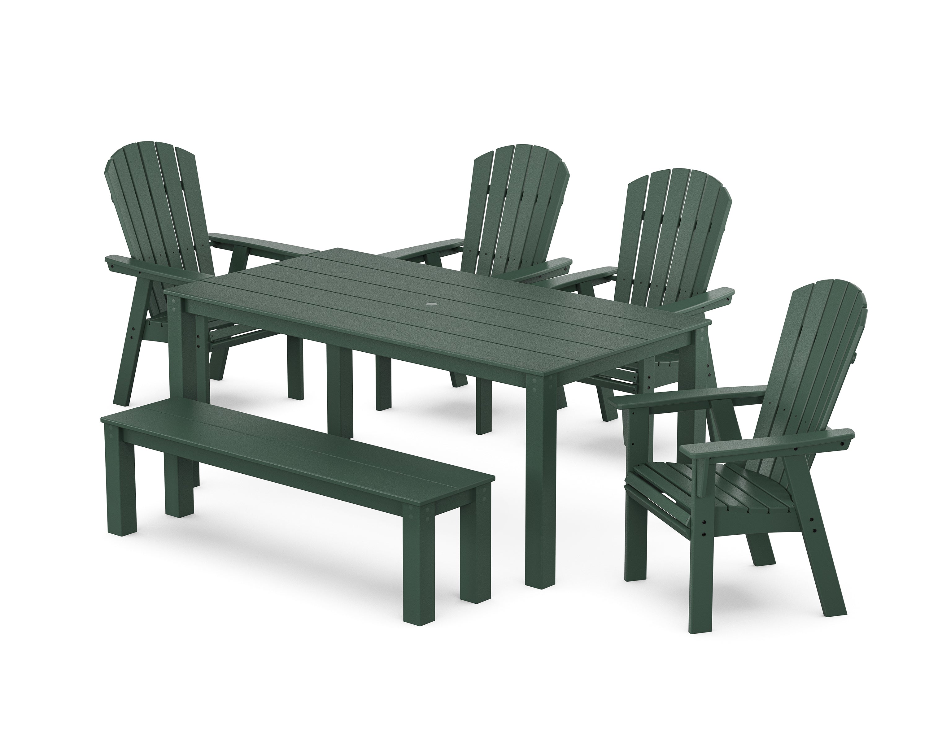 POLYWOOD Nautical Curveback Adirondack 6-Piece Parsons Dining Set with Bench in Green