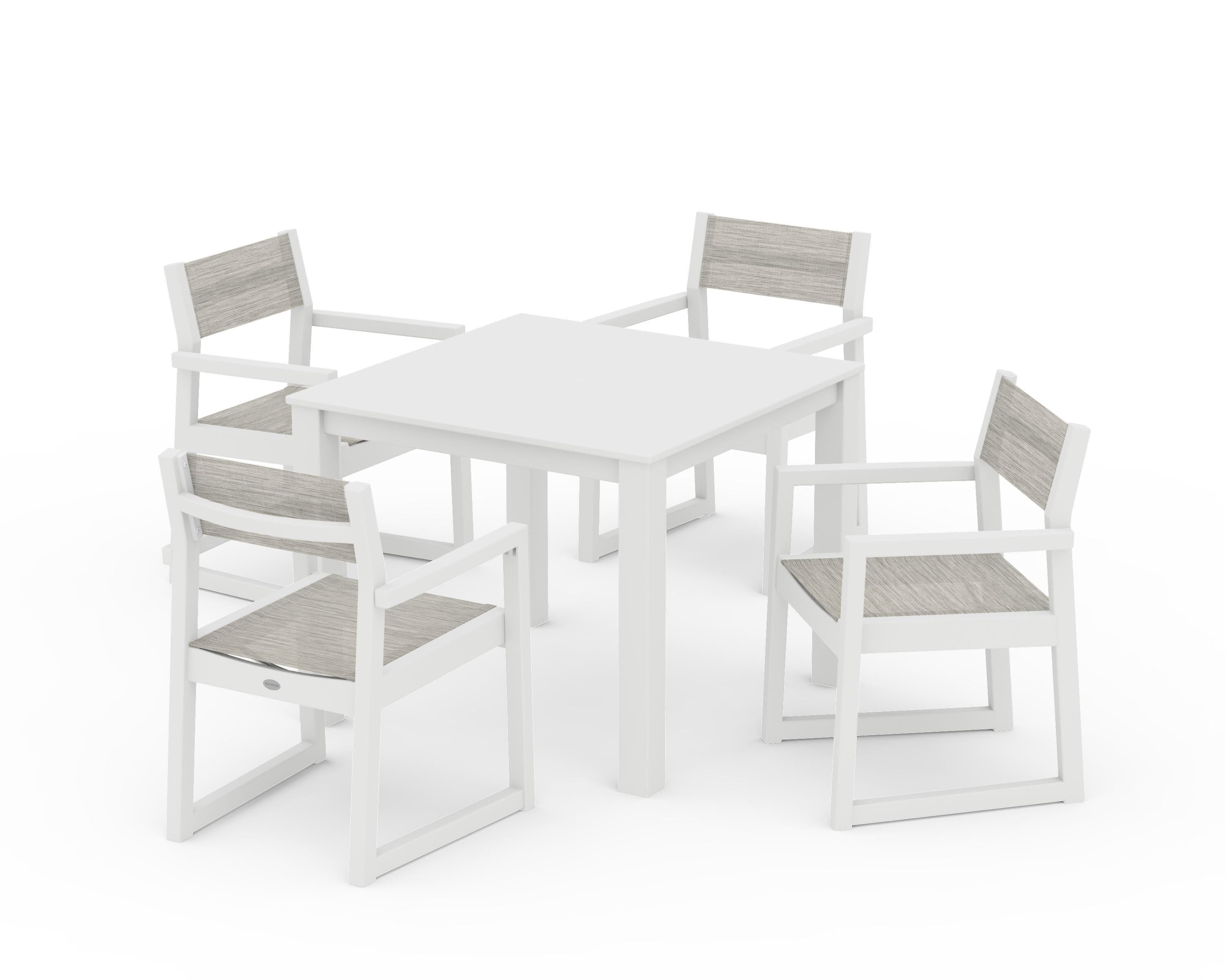 POLYWOOD EDGE Sling Arm Chair 5-Piece Parsons Dining Set in White / Birch Sling