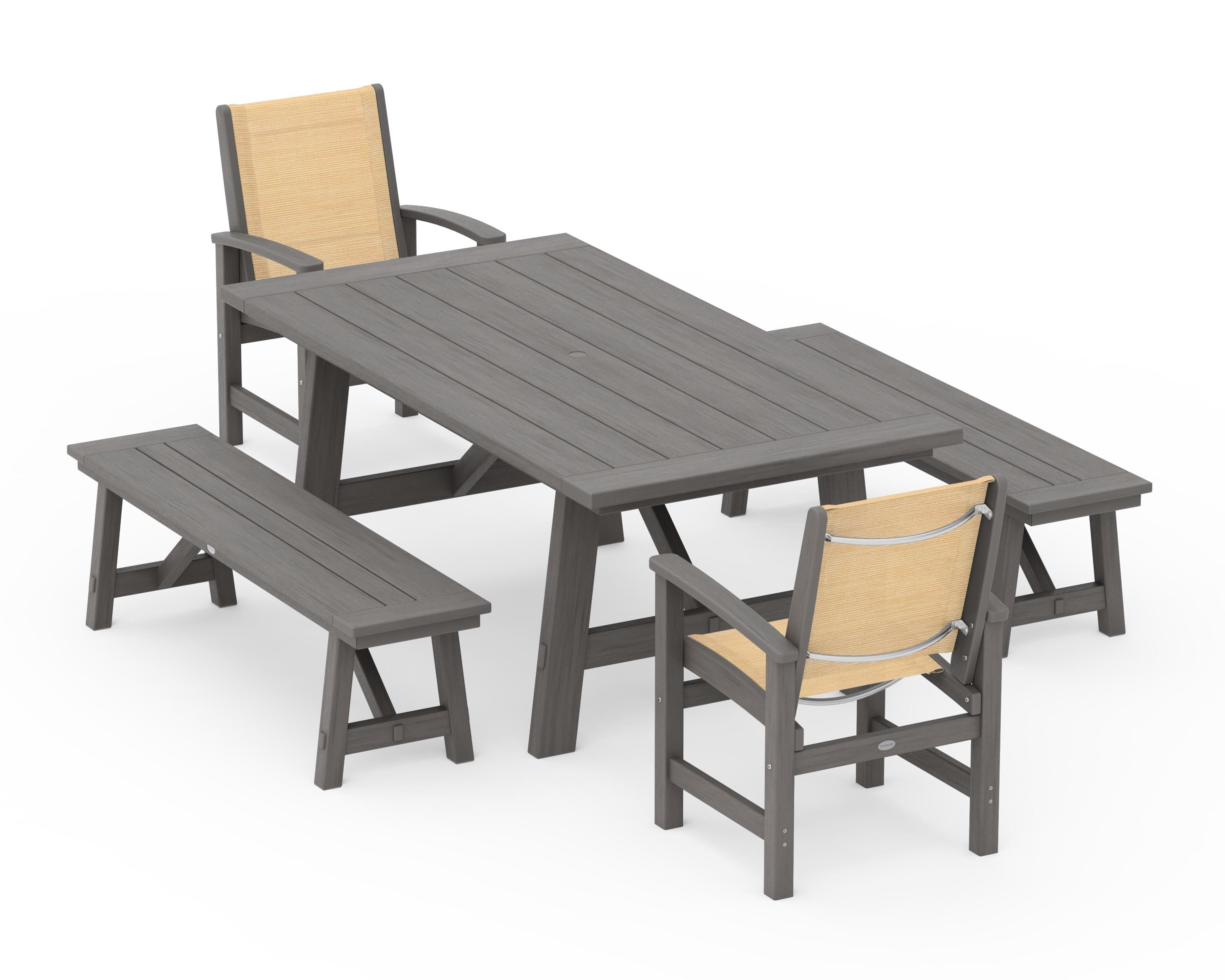 POLYWOOD Coastal 5-Piece Rustic Farmhouse Dining Set With Benches in Driftwood / Dupioni Apricot Sling