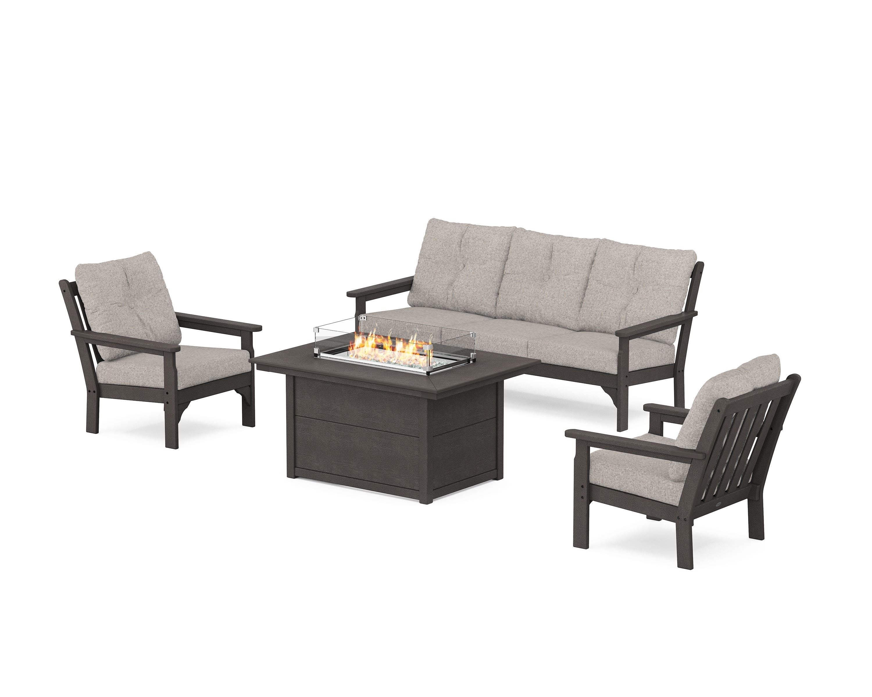 POLYWOOD Vineyard Deep Seating Fire Pit Table Set in Vintage Coffee / Weathered Tweed