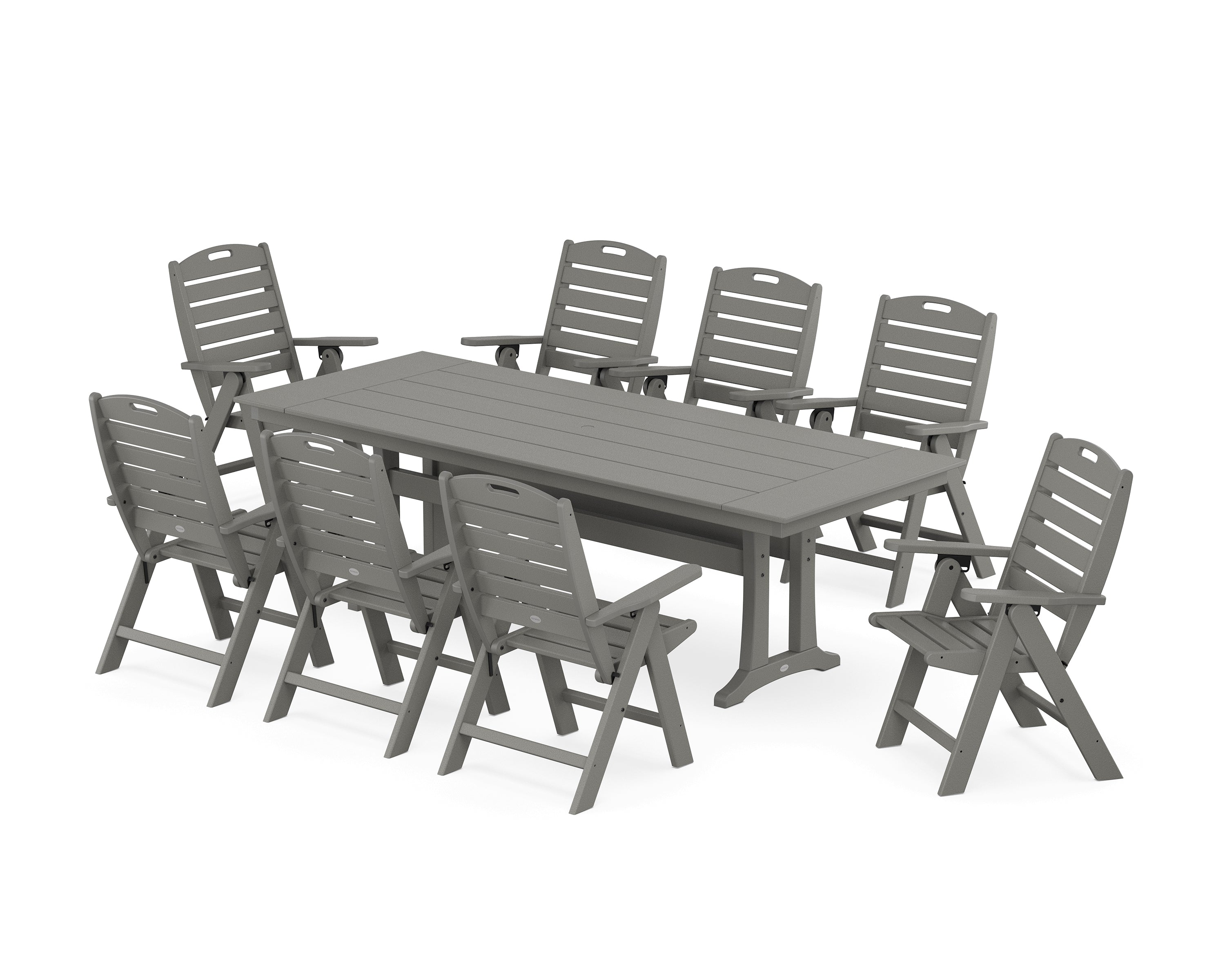 POLYWOOD® Nautical Highback 9-Piece Farmhouse Dining Set with Trestle Legs in Slate Grey