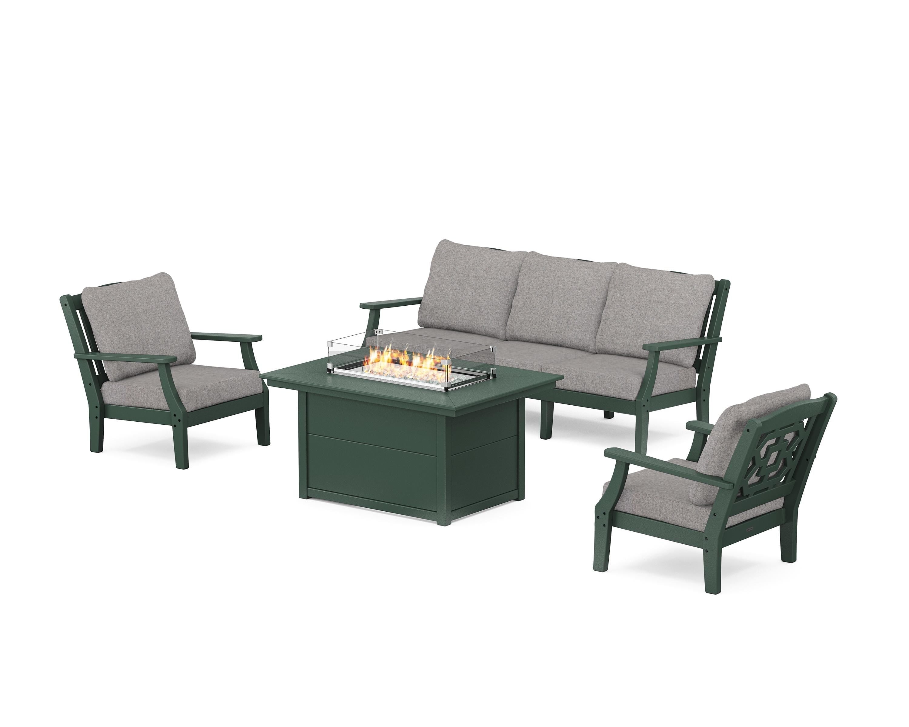 Martha Stewart by POLYWOOD Chinoiserie Deep Seating Fire Pit Table Set in Green / Grey Mist