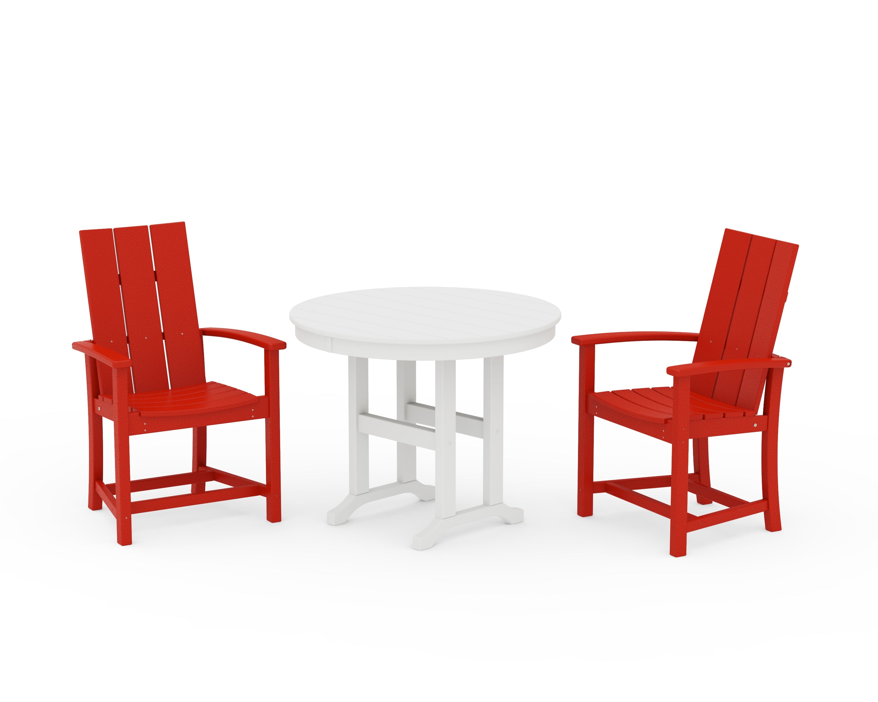 POLYWOOD Modern Adirondack 3-Piece Round Farmhouse Dining Set in Sunset Red / White