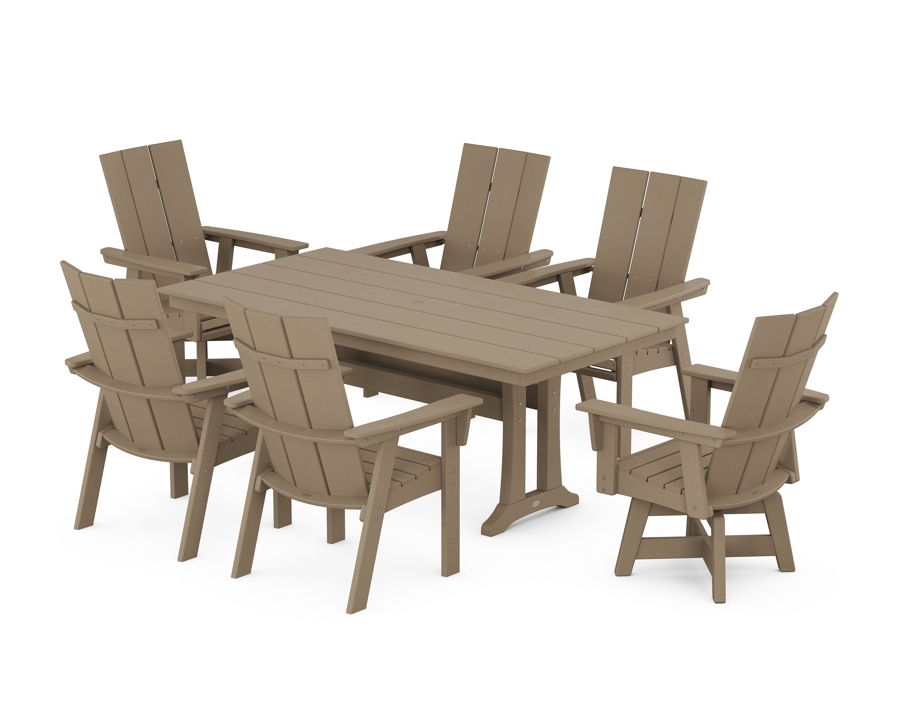 POLYWOOD® Modern Curveback Adirondack Swivel Chair 7-Piece Farmhouse Dining Set With Trestle Legs in Vintage Sahara