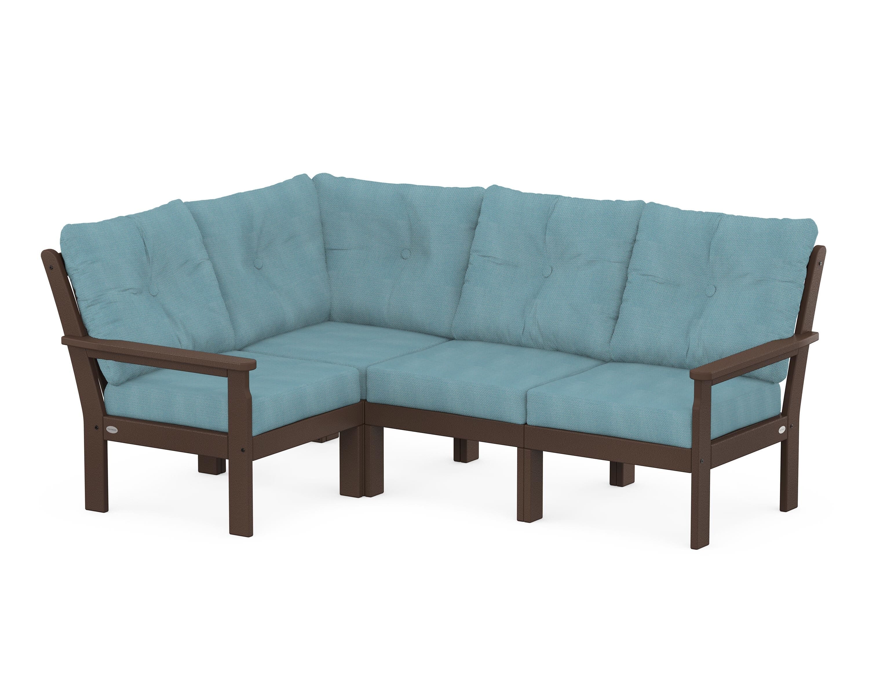 POLYWOOD Vineyard 4-Piece Sectional in Mahogany / Lattice Sky Blue