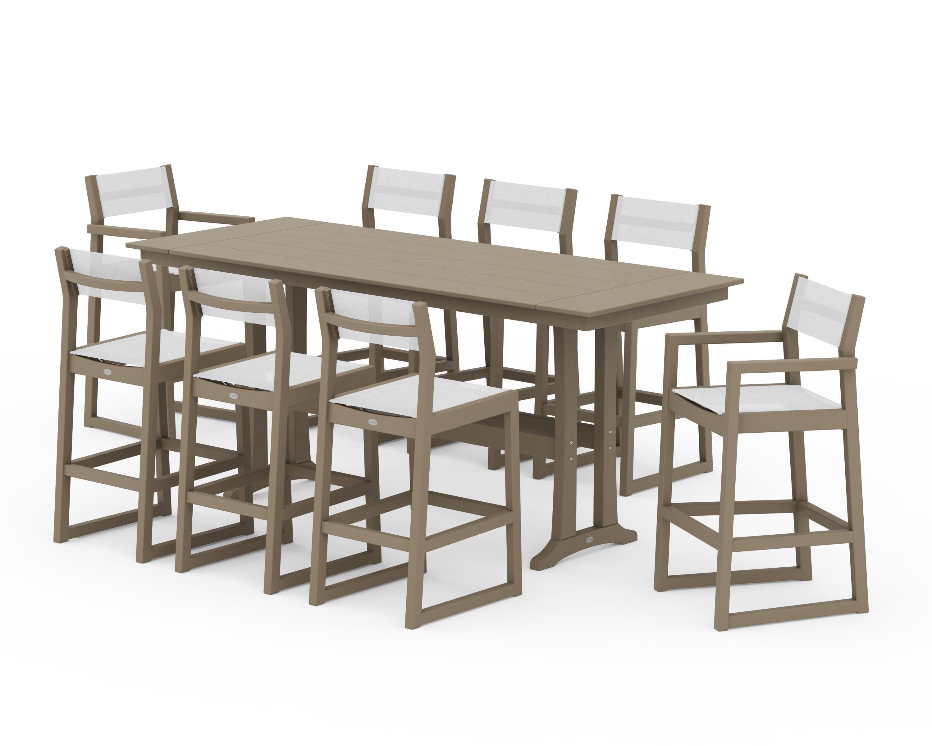 POLYWOOD EDGE Sling 9-Piece Farmhouse Bar Set with Trestle Legs in Vintage Sahara / White Sling