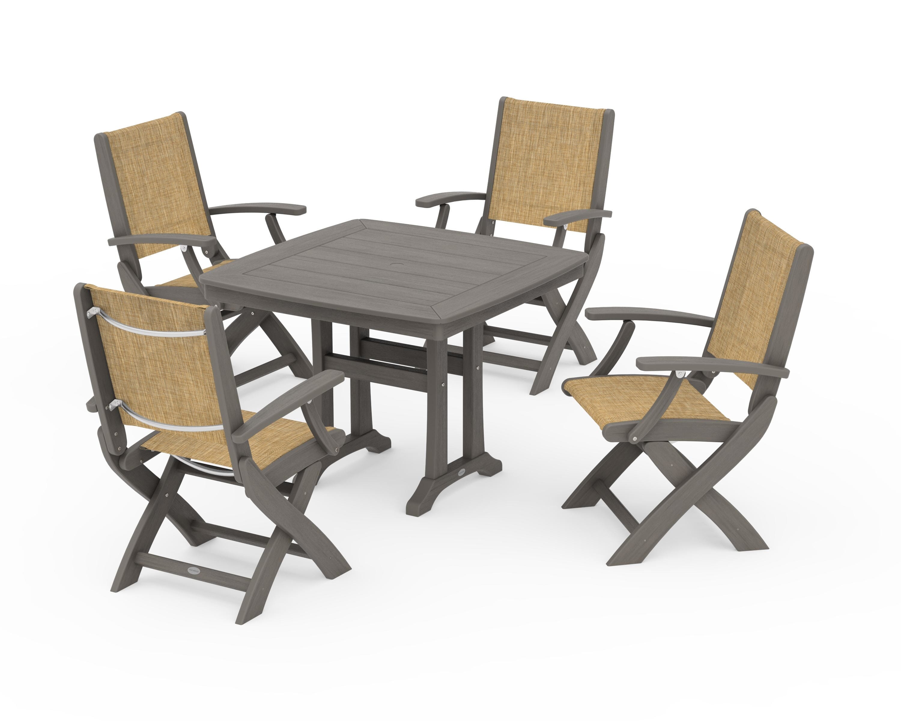 POLYWOOD Coastal Folding Chair 5-Piece Dining Set with Trestle Legs in Driftwood / Burlap Sling