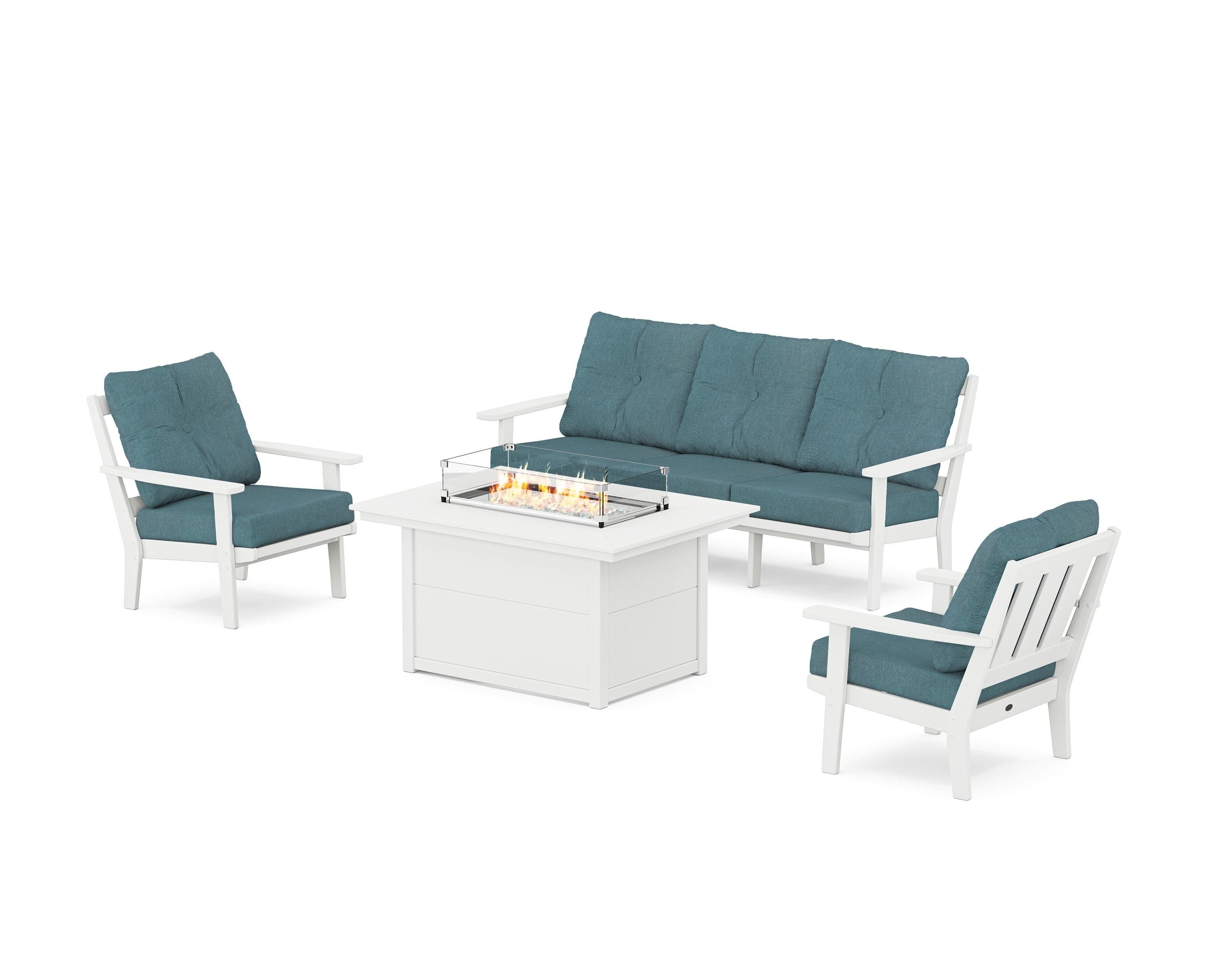 POLYWOOD Oxford Deep Seating Fire Pit Table Set in White / Ocean Teal