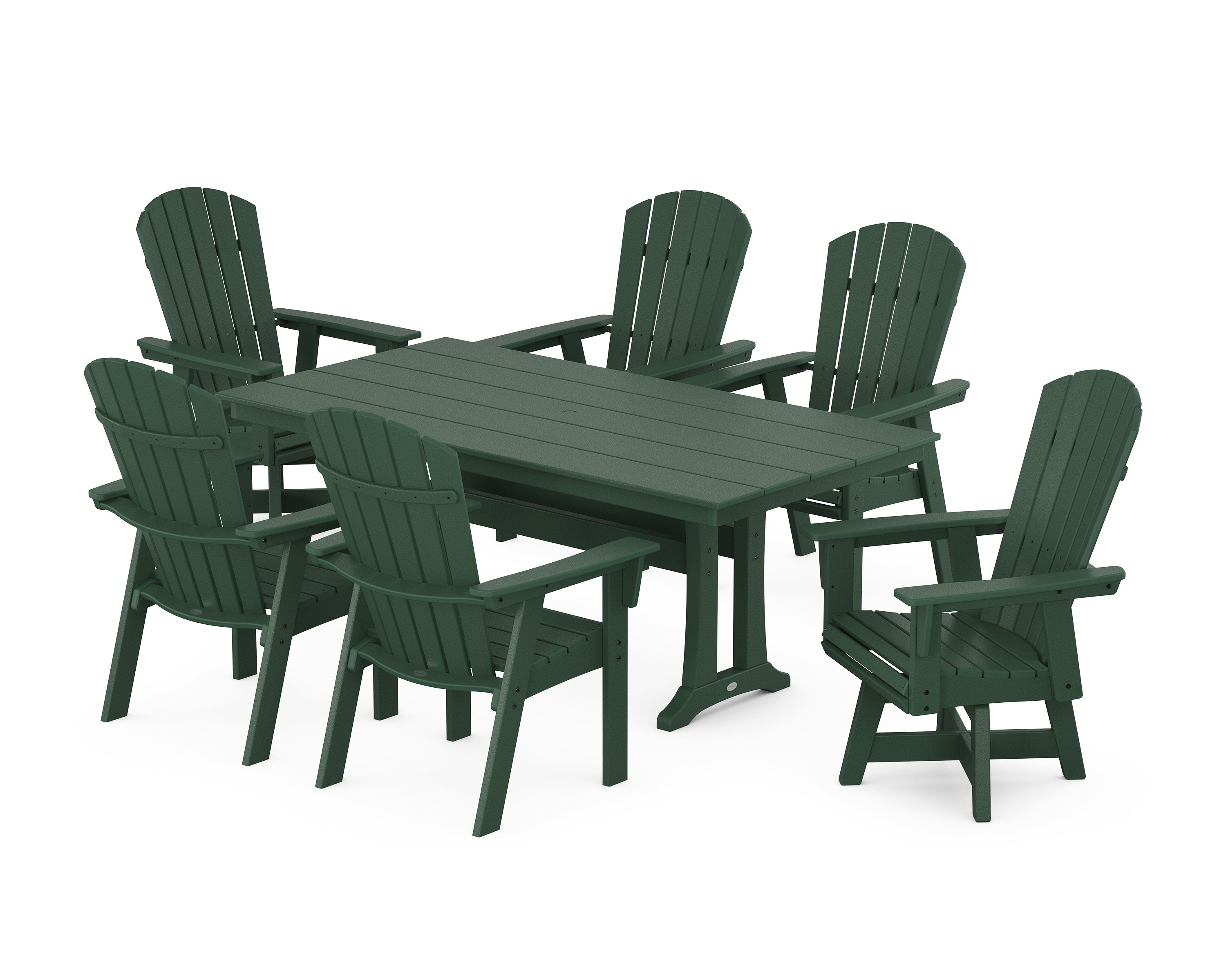 POLYWOOD® Nautical Curveback Adirondack Swivel Chair 7-Piece Farmhouse Dining Set With Trestle Legs in Green