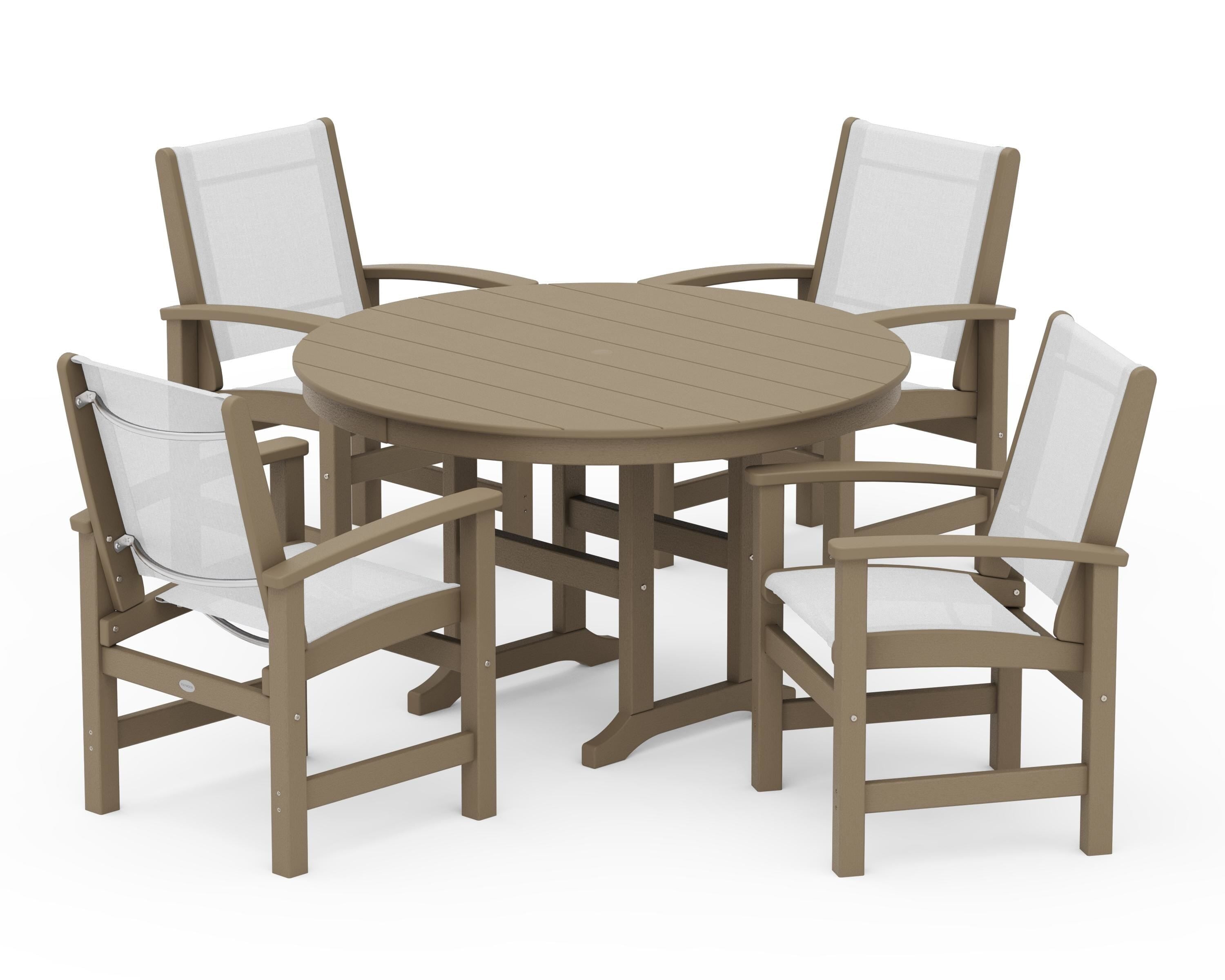 POLYWOOD Coastal 5-Piece Round Farmhouse Dining Set in Vintage Sahara / White Sling