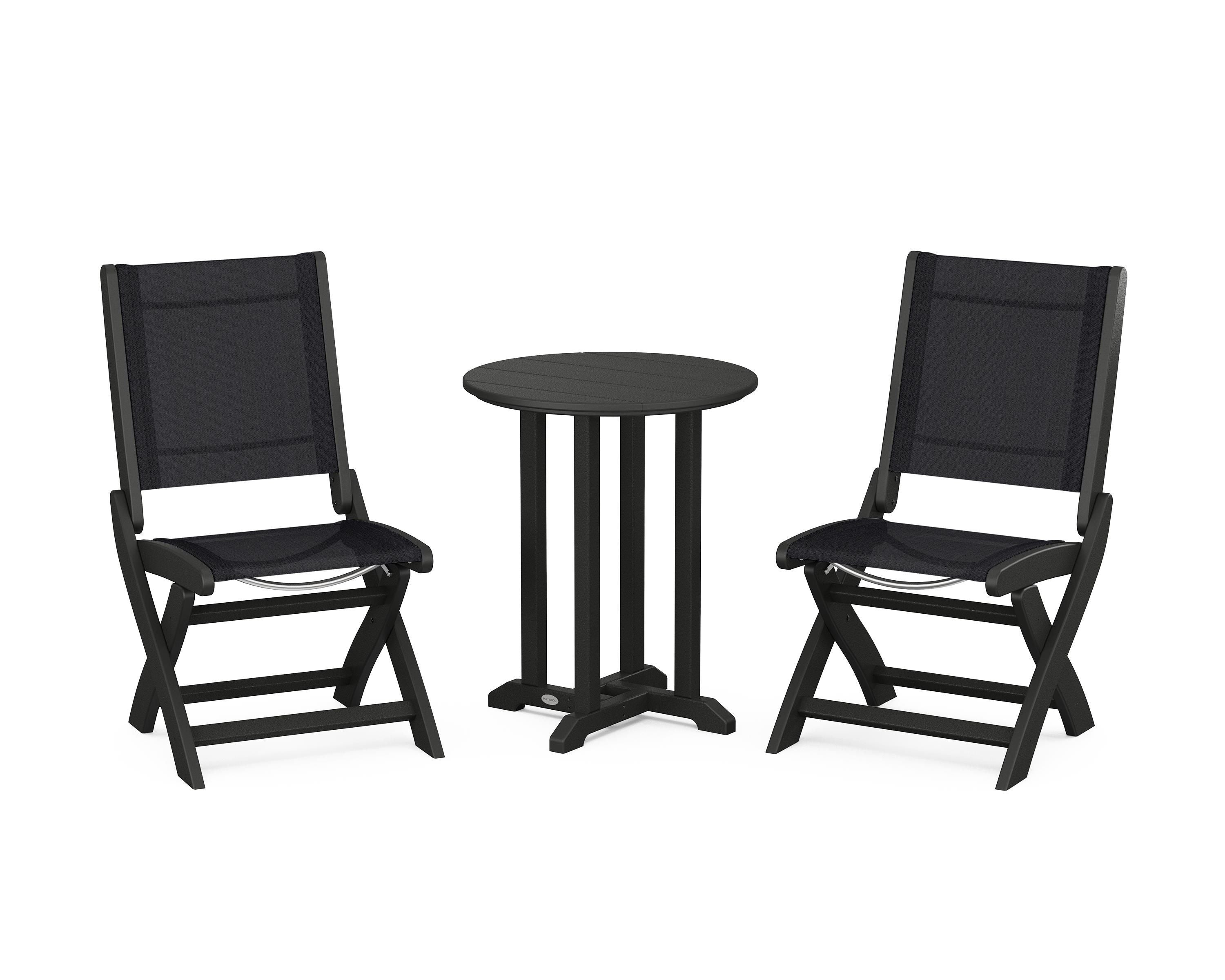POLYWOOD Coastal Folding Side Chair 3-Piece Round Bistro Dining Set in Black / Black Sling