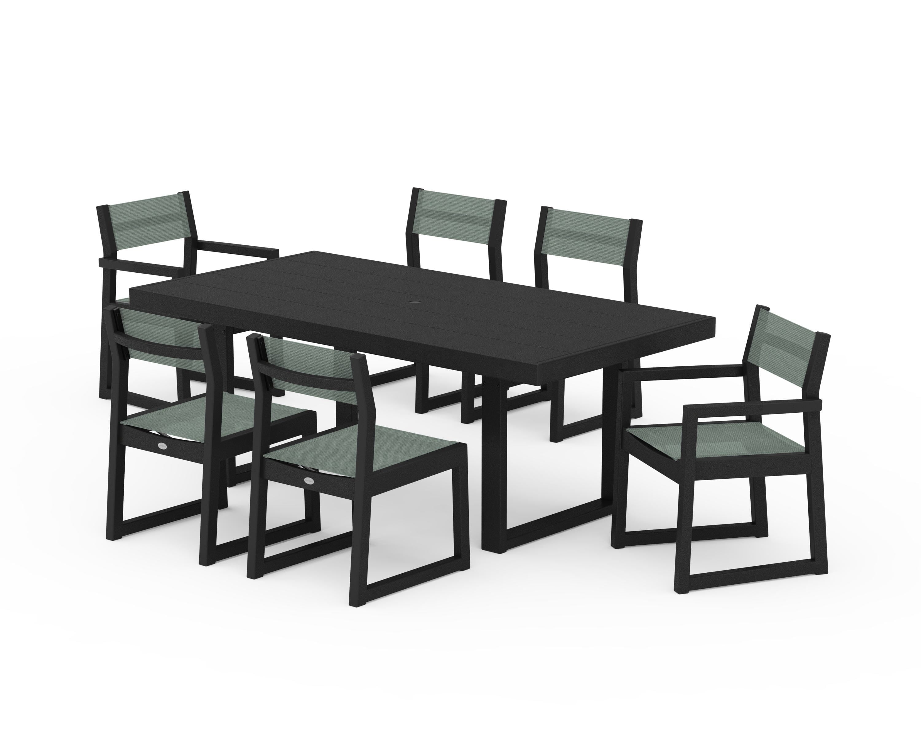 POLYWOOD EDGE Sling 7-Piece Dining Set in Black / Dupioni Sea Mist Sling