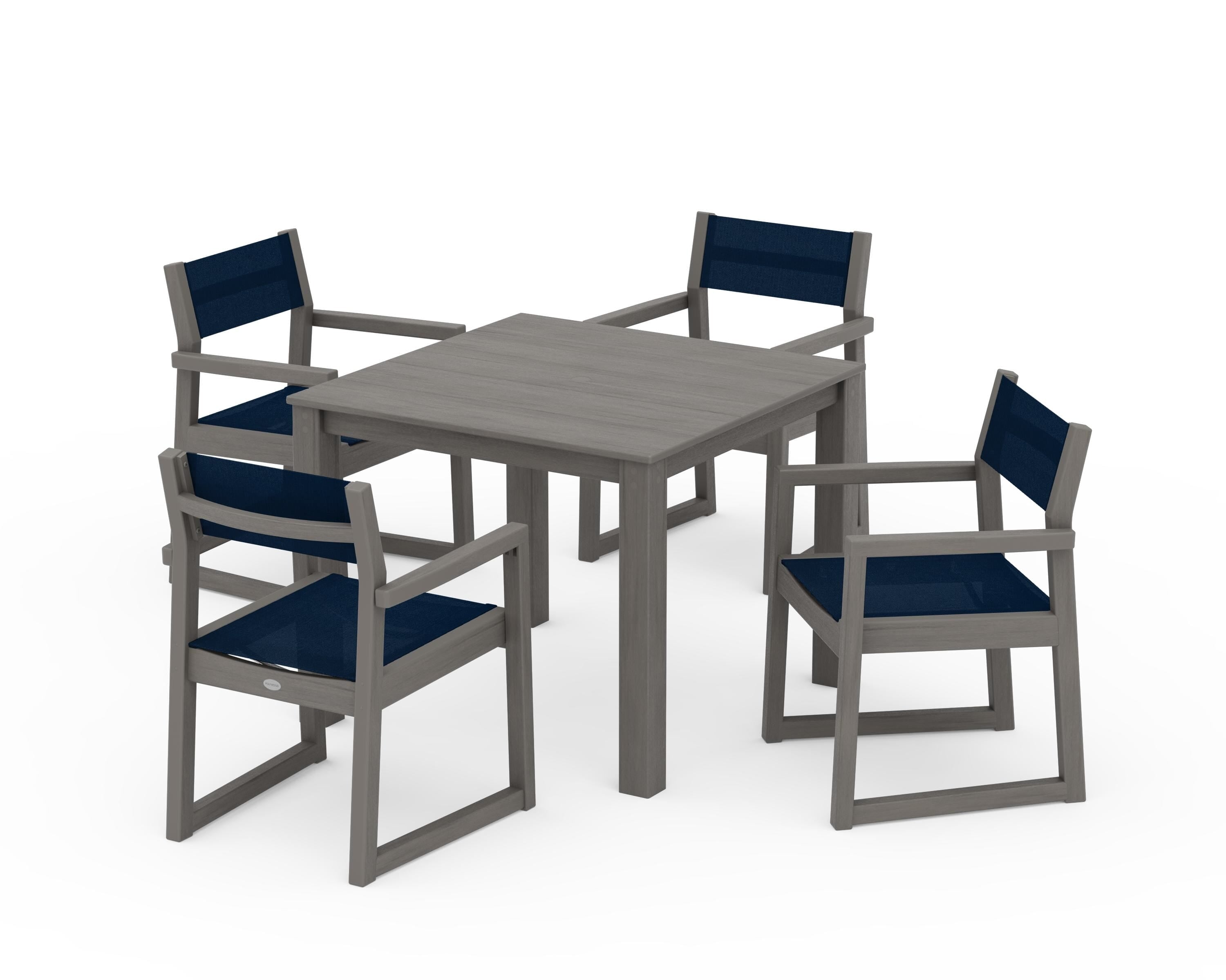 POLYWOOD EDGE Sling Arm Chair 5-Piece Parsons Dining Set in Driftwood / Navy Blue Sling
