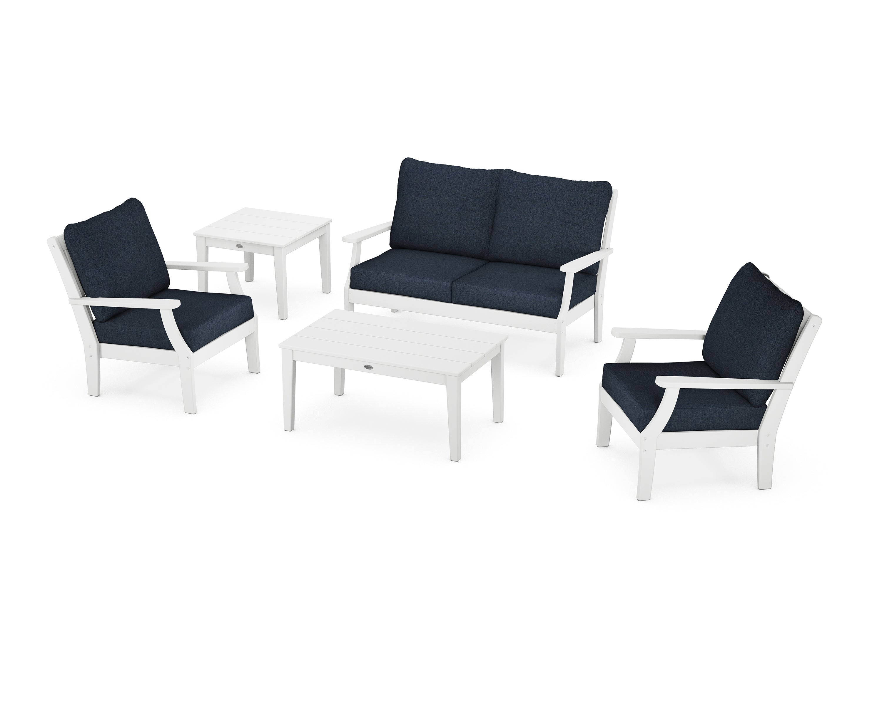 POLYWOOD Braxton 5-Piece Deep Seating Set in White / Marine Indigo