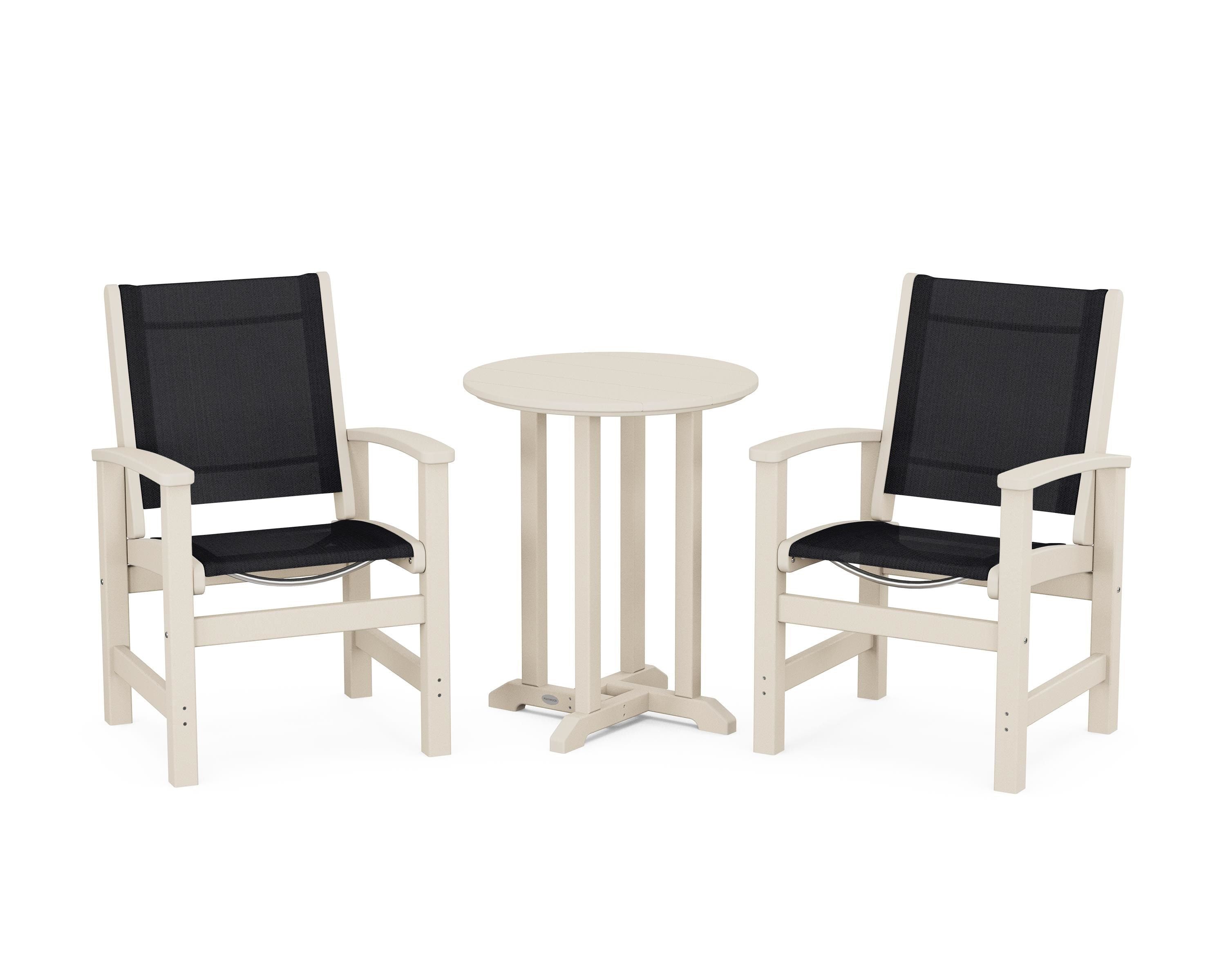 POLYWOOD Coastal 3-Piece Round Bistro Dining Set in Sand / Black Sling