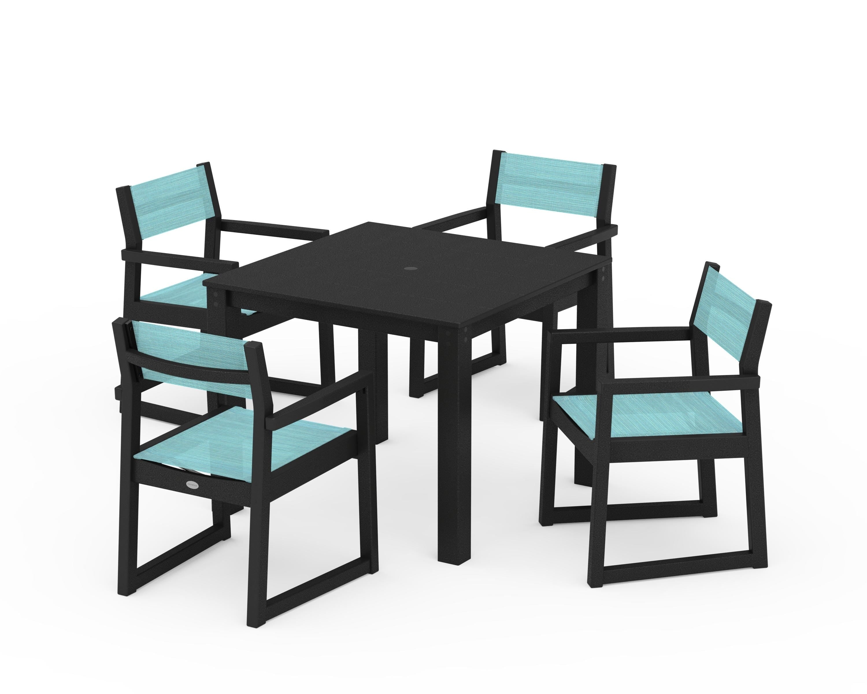 POLYWOOD EDGE Sling Arm Chair 5-Piece Parsons Dining Set in Black / Dupioni Aquamarine Sling