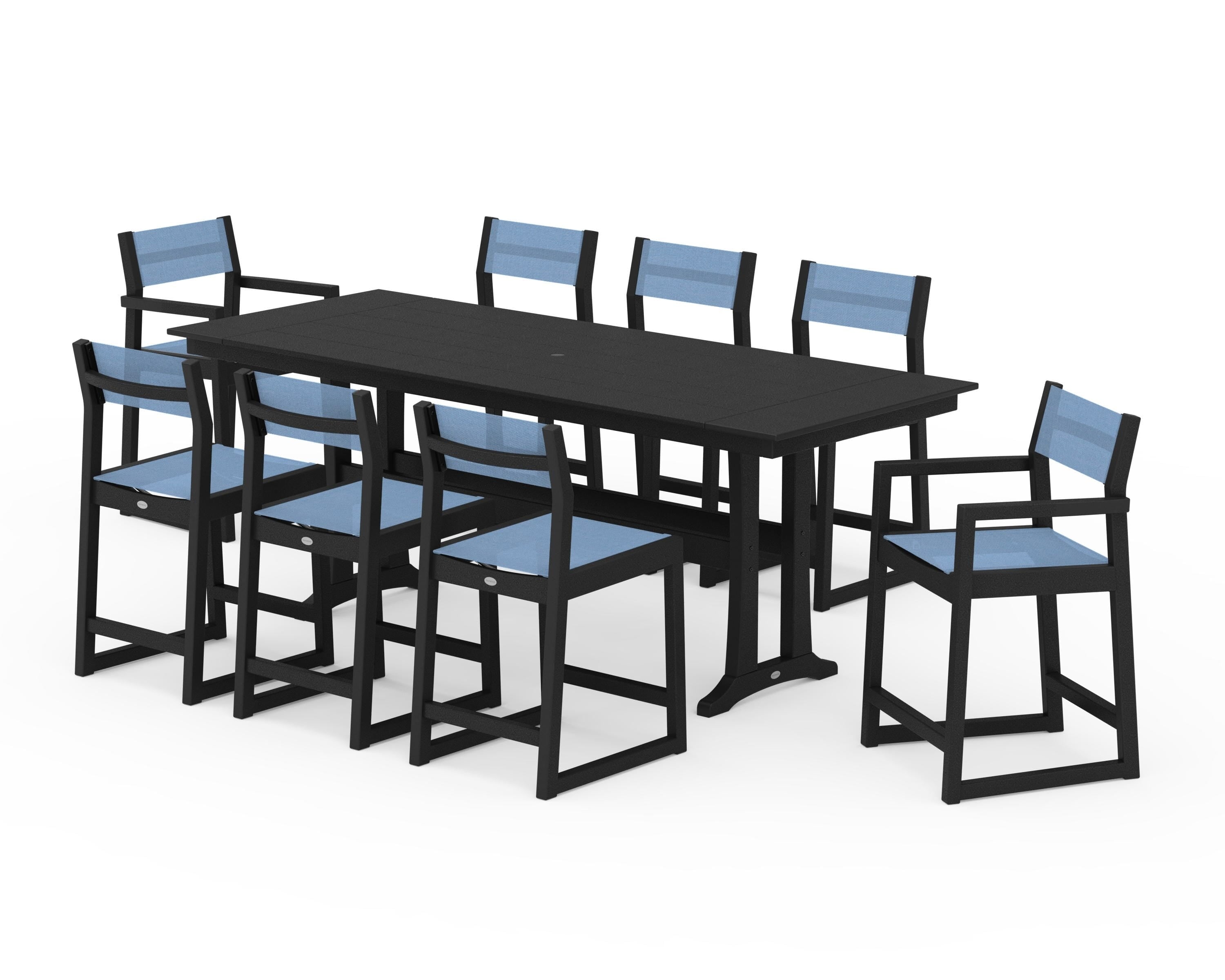 POLYWOOD EDGE Sling 9-Piece Farmhouse Counter Set with Trestle Legs in Black / Poolside Sling