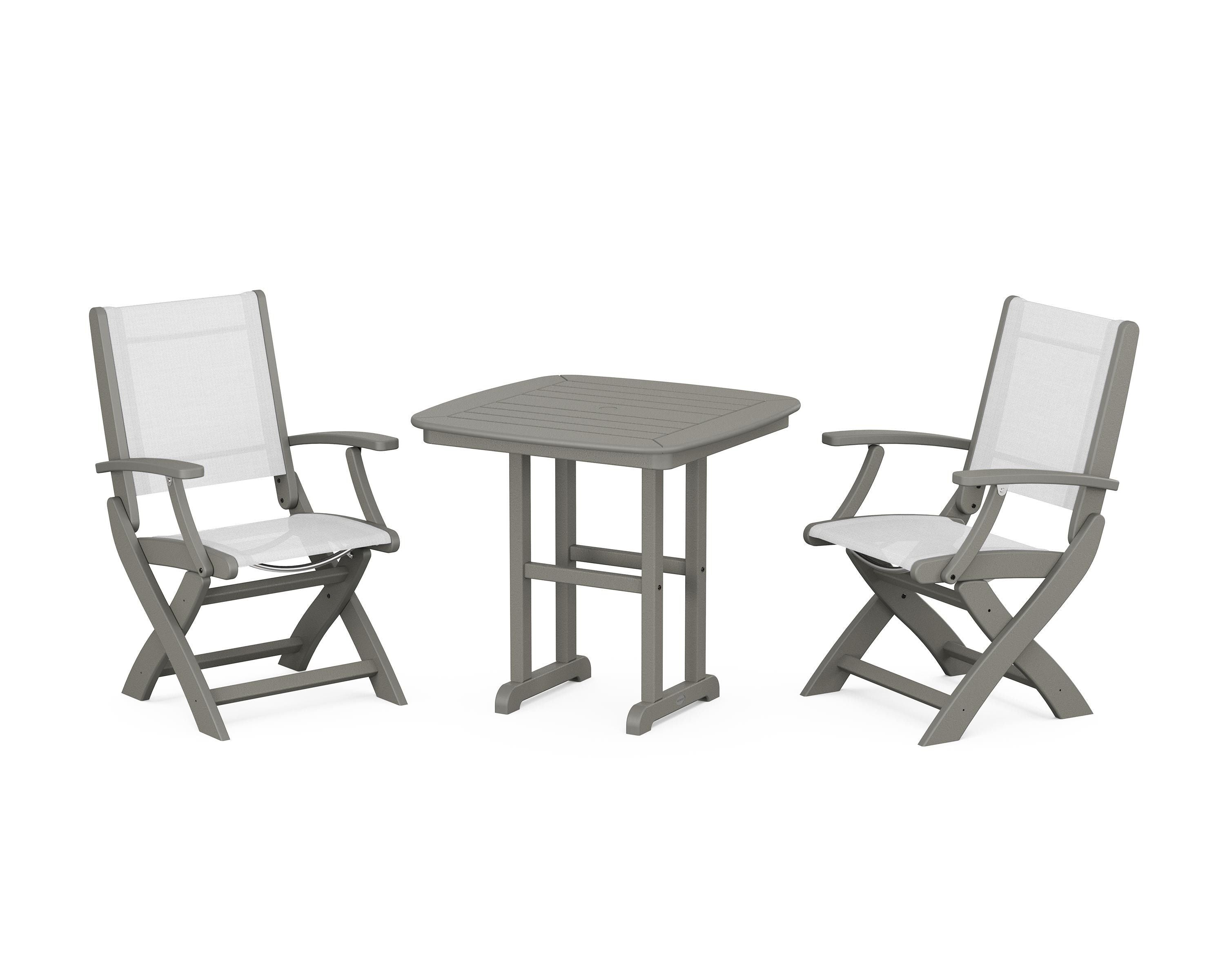 POLYWOOD Coastal Folding Chair 3-Piece Dining Set in Slate Grey / White Sling