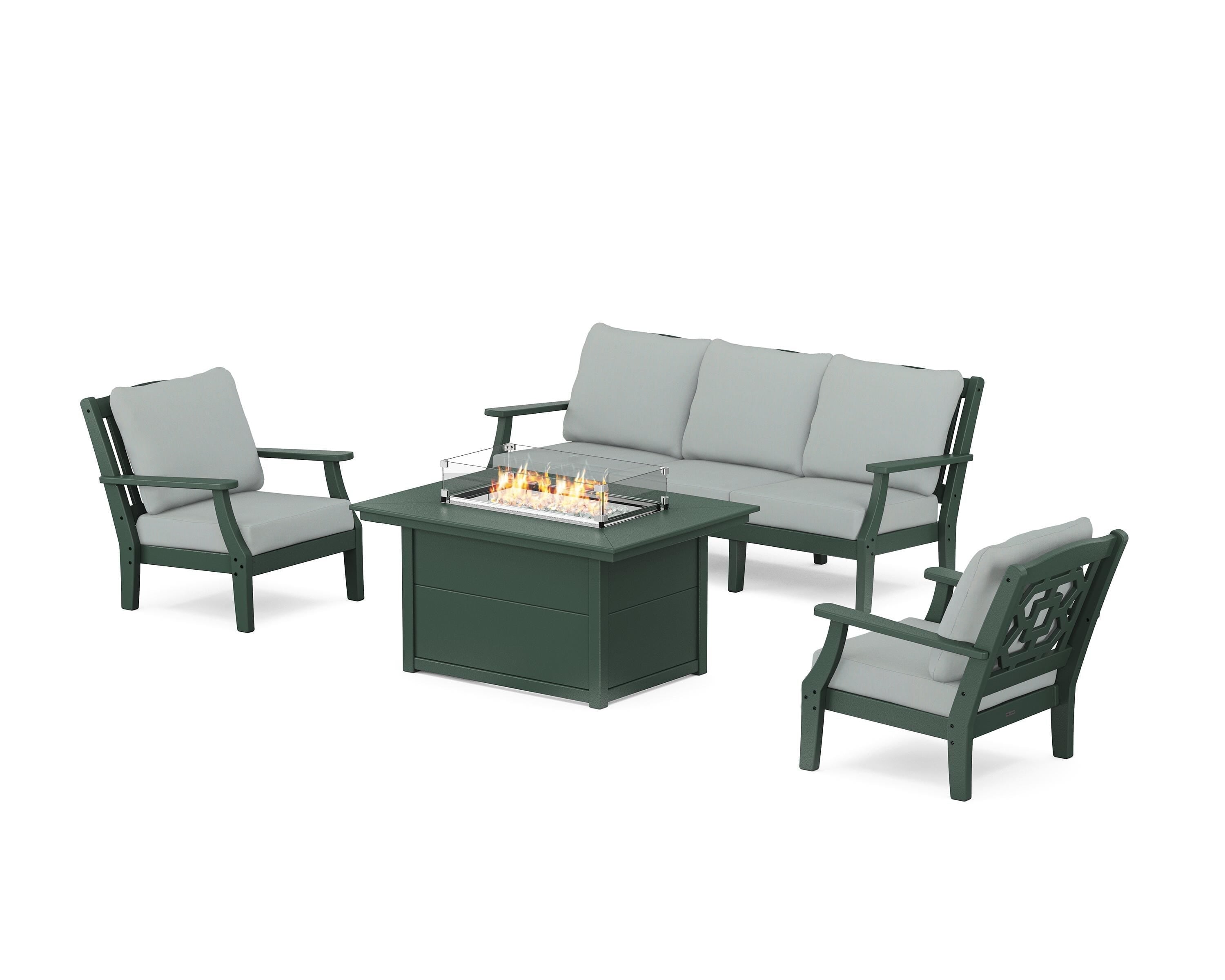 Martha Stewart by POLYWOOD Chinoiserie Deep Seating Fire Pit Table Set in Green / Spa