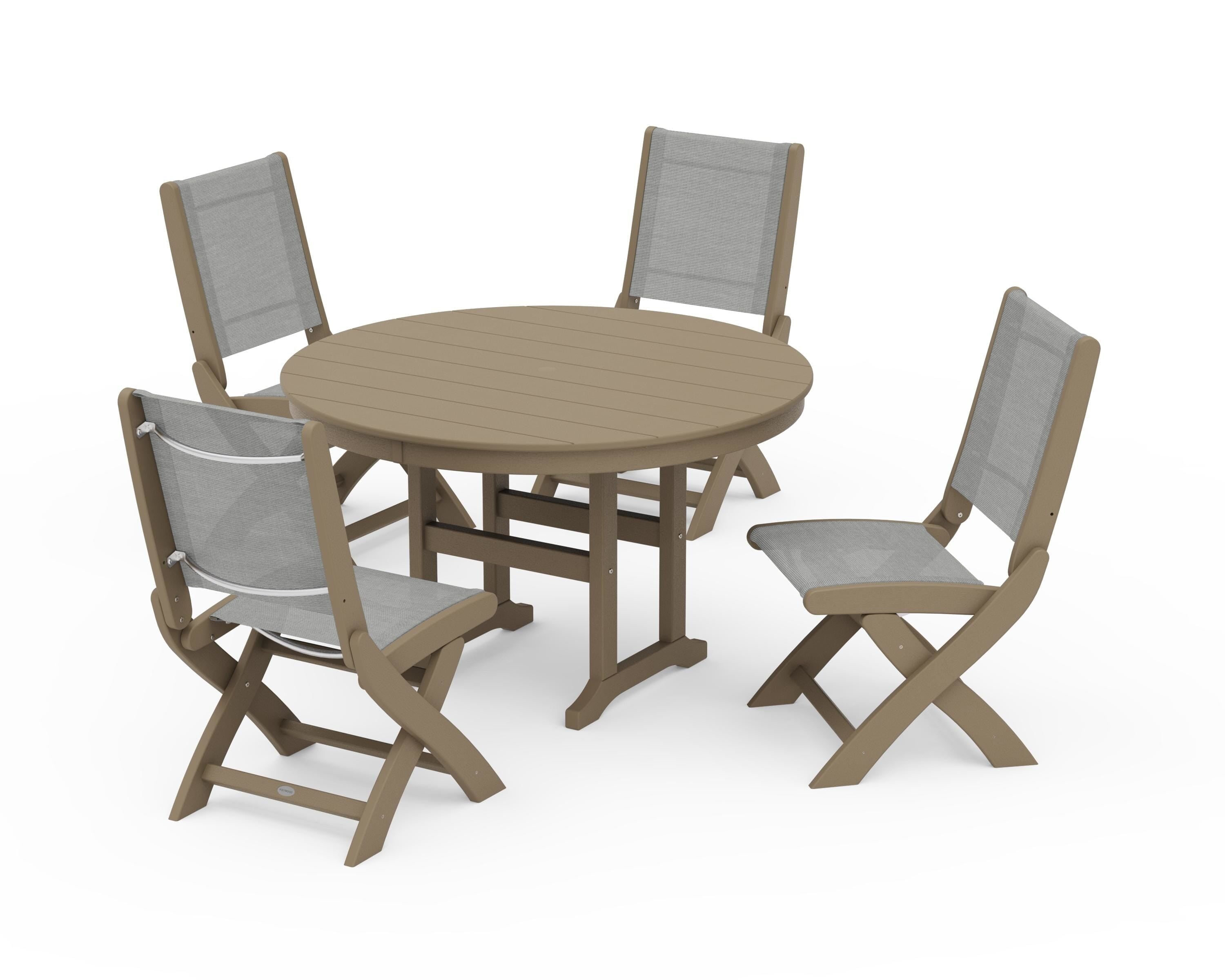 POLYWOOD Coastal Folding Side Chair 5-Piece Round Dining Set in Vintage Sahara / Metallic Sling