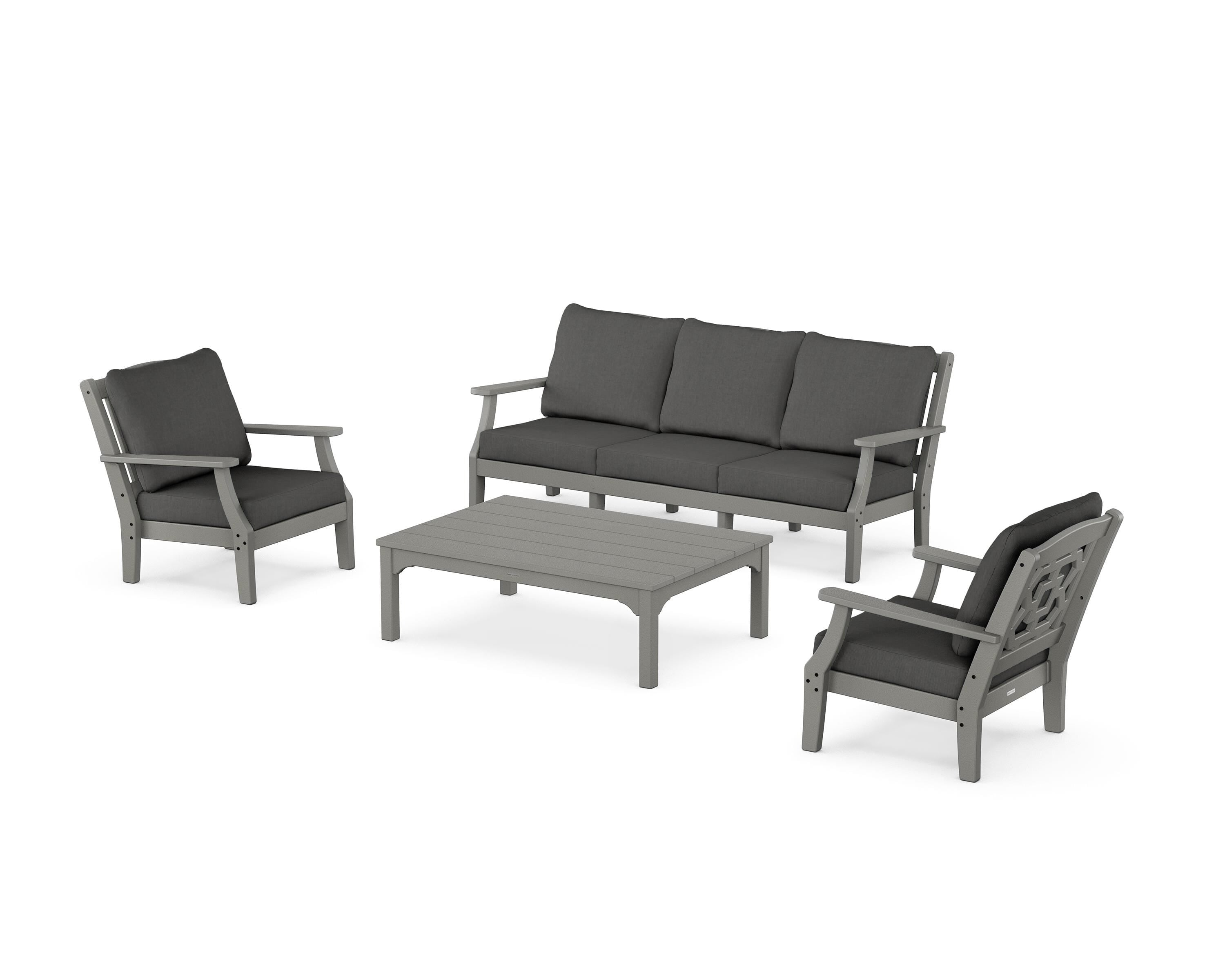 Martha Stewart by POLYWOOD Chinoiserie 4-Piece Deep Seating Set with Sofa in Slate Grey / Spectrum Carbon