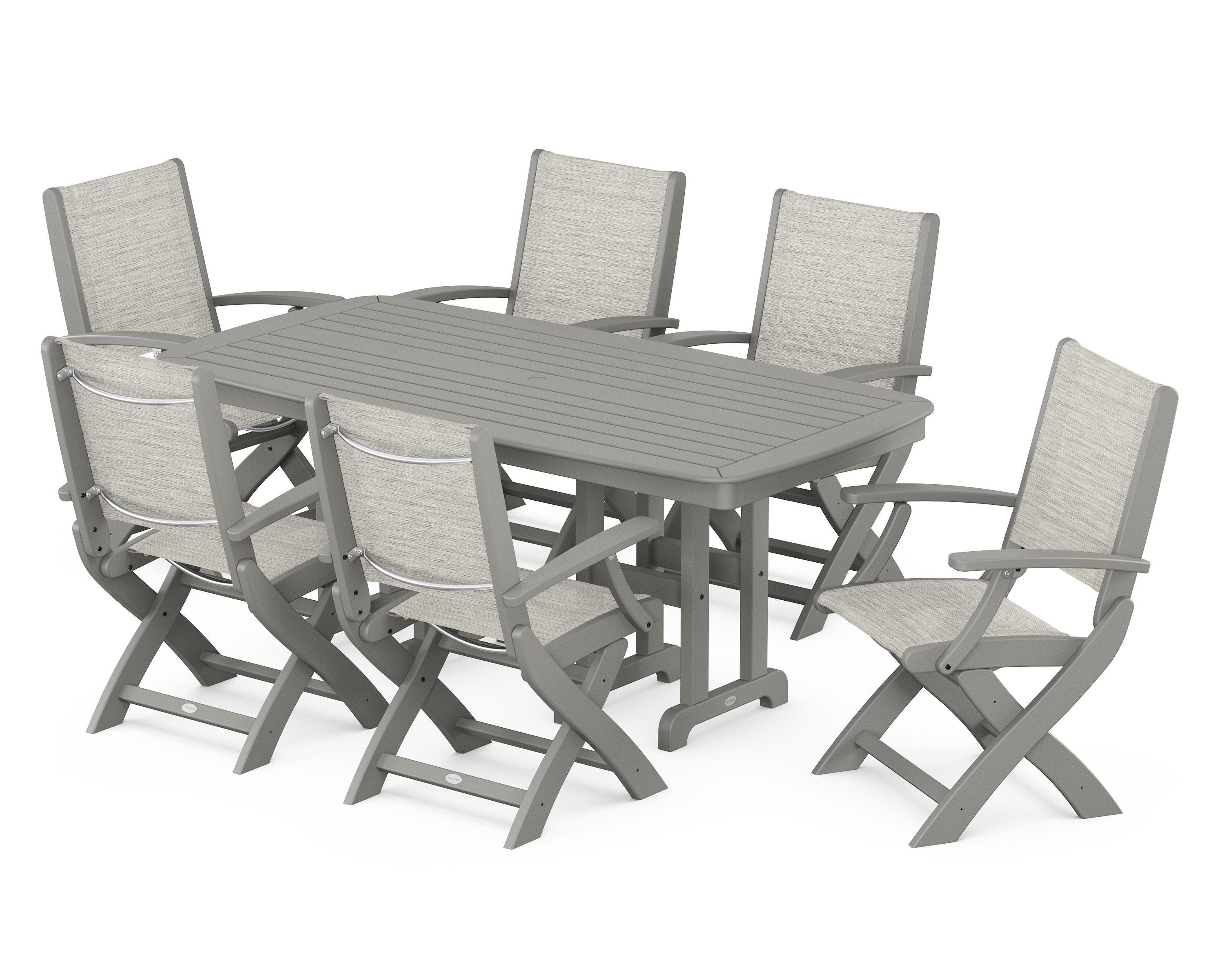 POLYWOOD Coastal Folding Arm Chair 7-Piece Dining Set in Slate Grey / Birch Sling