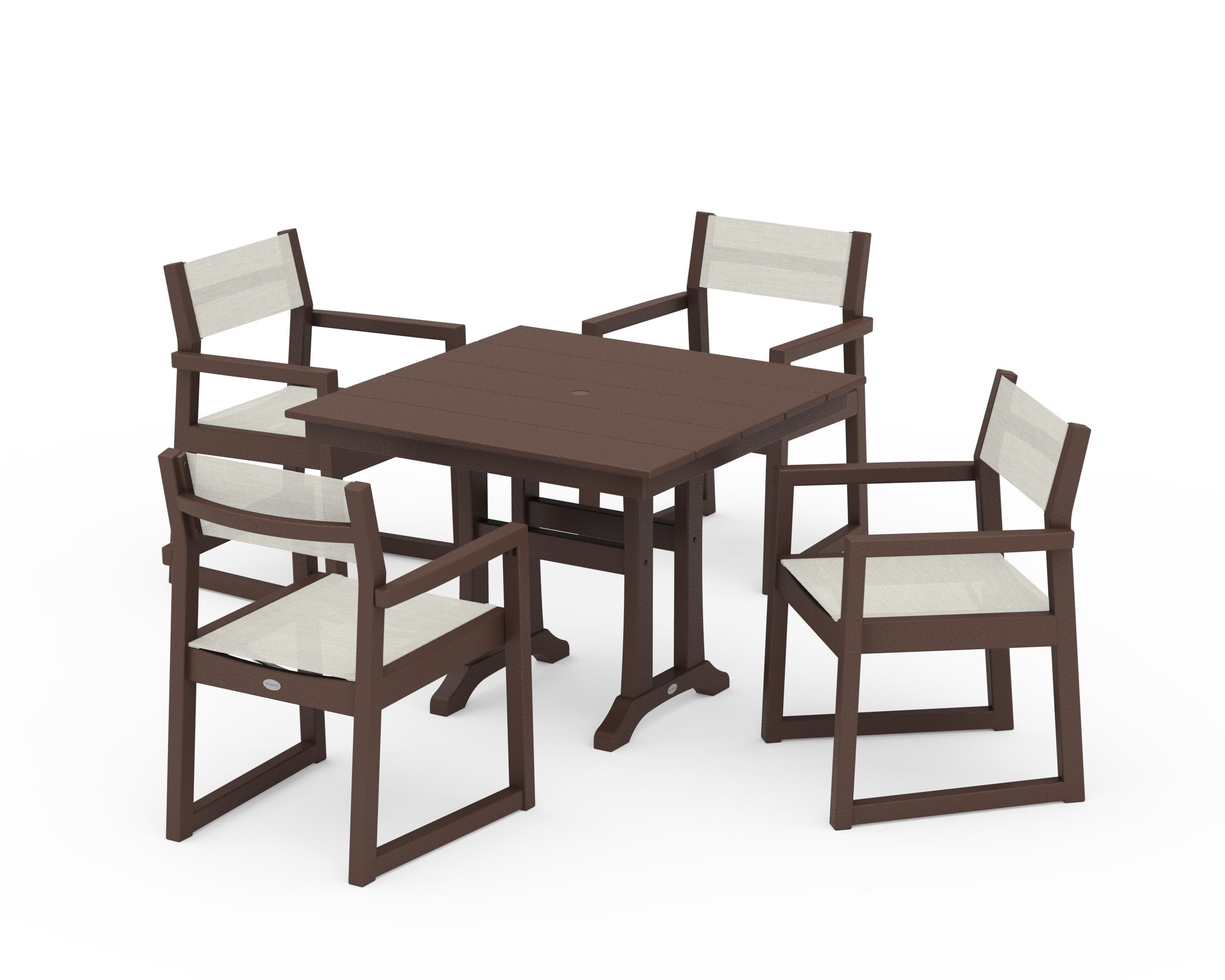 POLYWOOD EDGE Sling 5-Piece Farmhouse Dining Set with Trestle Legs in Mahogany / Parchment Sling