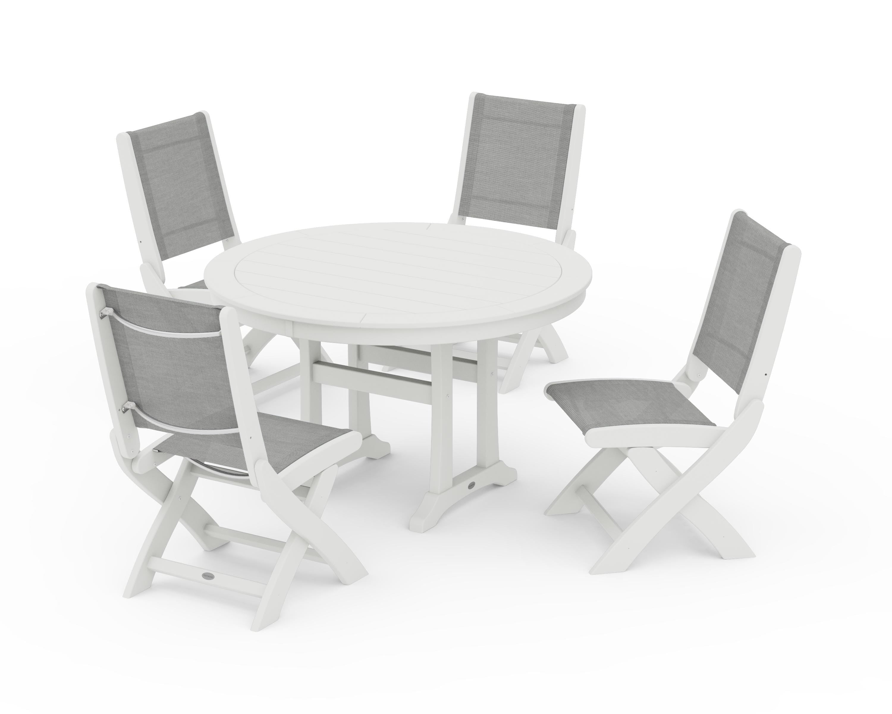 POLYWOOD Coastal Folding Side Chair 5-Piece Round Dining Set With Trestle Legs in Vintage White / Metallic Sling
