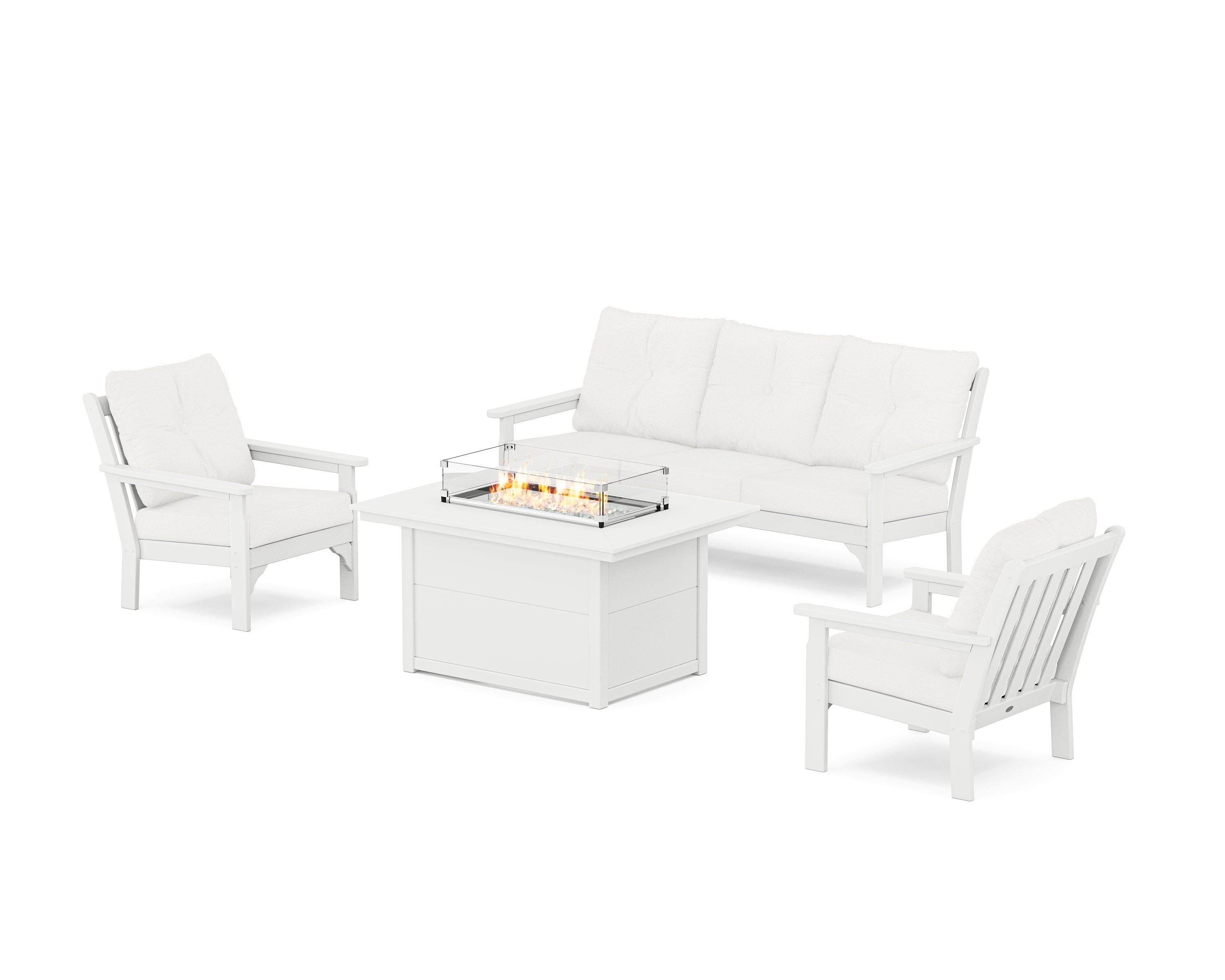 POLYWOOD Vineyard Deep Seating Fire Pit Table Set in White / Natural Linen